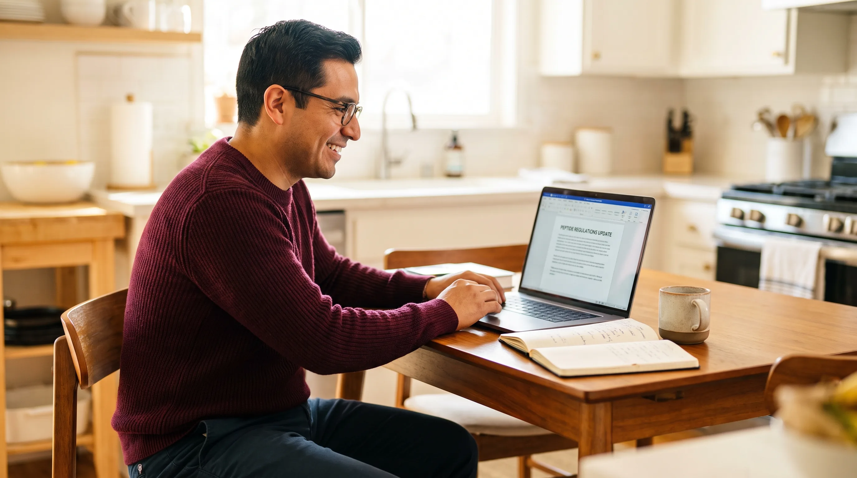 A thoughtful person in their late thirties reading about peptide regulations on a laptop at a tidy kitchen table, a notebook and coffee nearby, calm and focused.