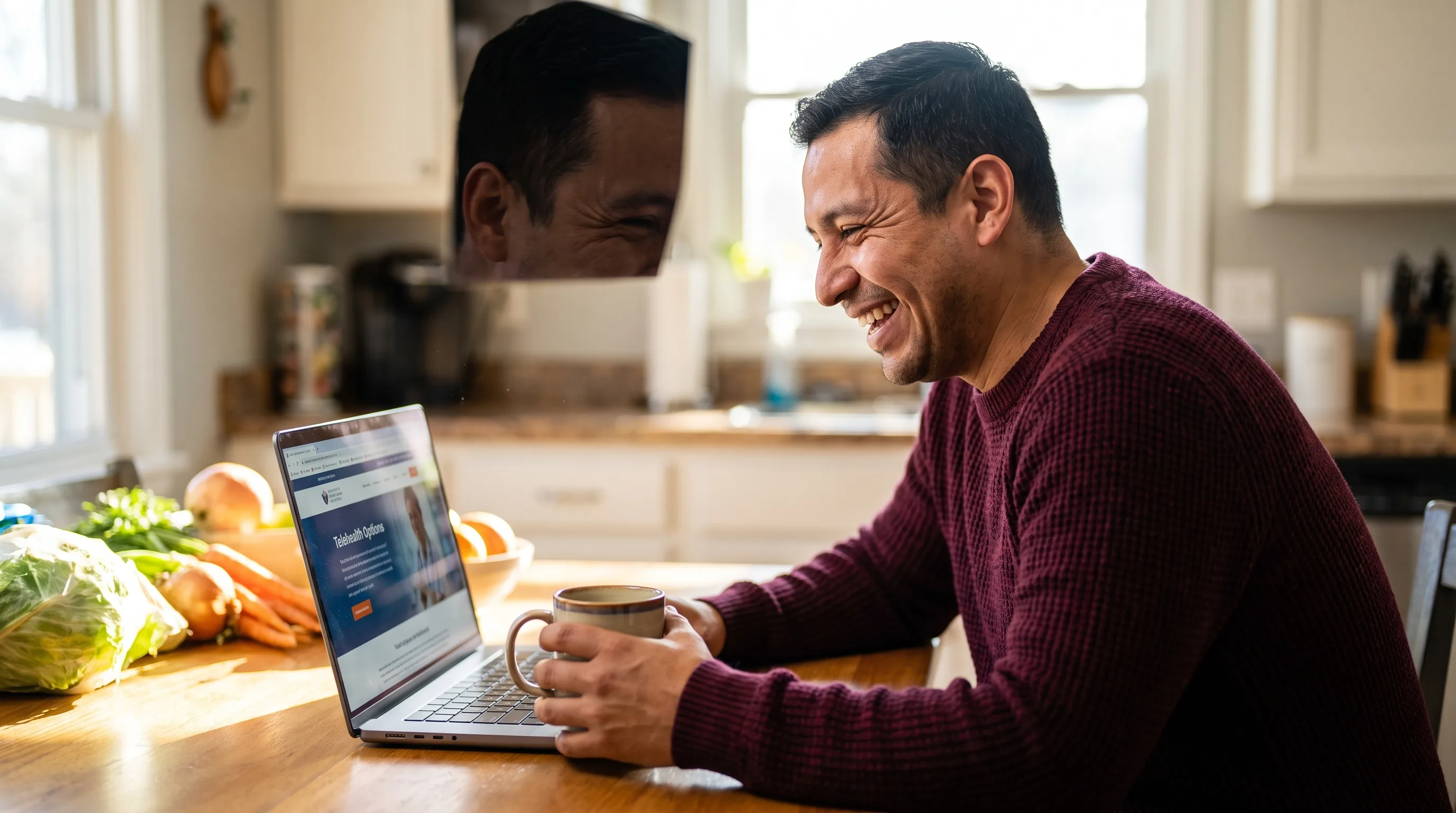 A cheerful, healthy man in his 30s laughing in bright morning light at a sunny kitchen table with a laptop and coffee, comparing telehealth options