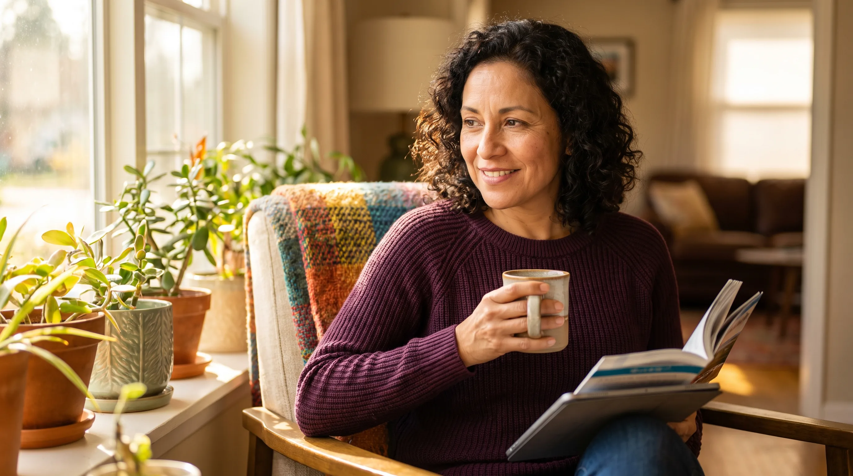 A warm, colorful photo of a smiling, healthy adult sitting by a bright window, calmly weighing two options