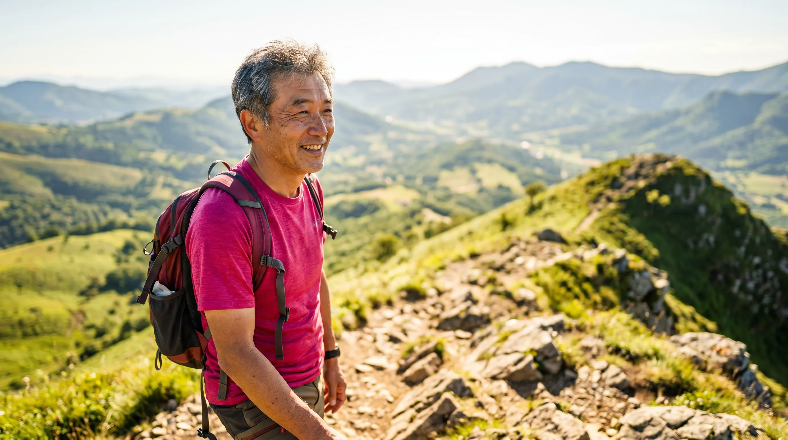 A vital man in his late fifties hiking a sunlit ridge trail on a clear morning, energized and at ease, looking out over a wide valley