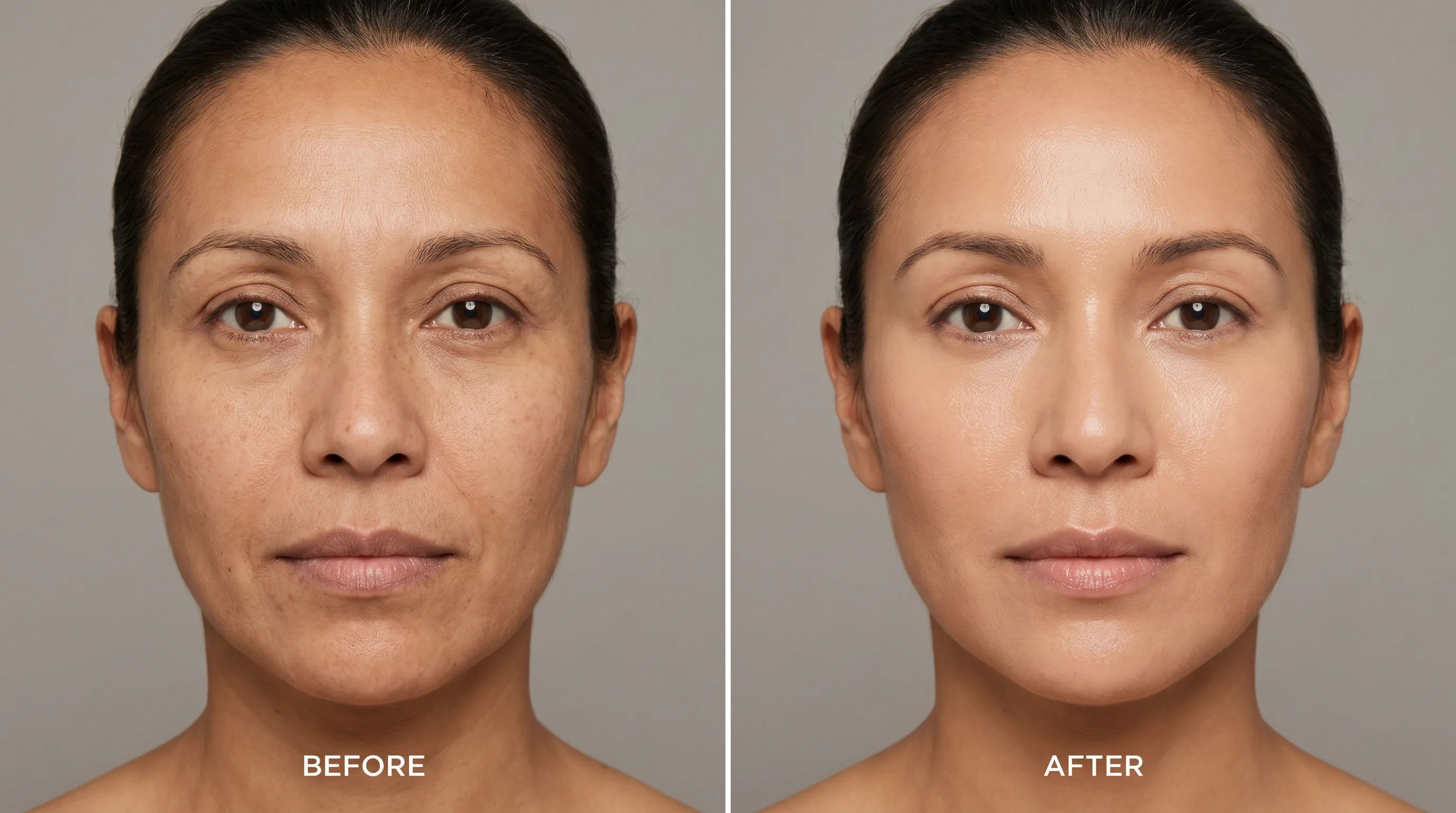 Illustrative before and after of the same woman under equal lighting, showing smoother, more even-toned skin