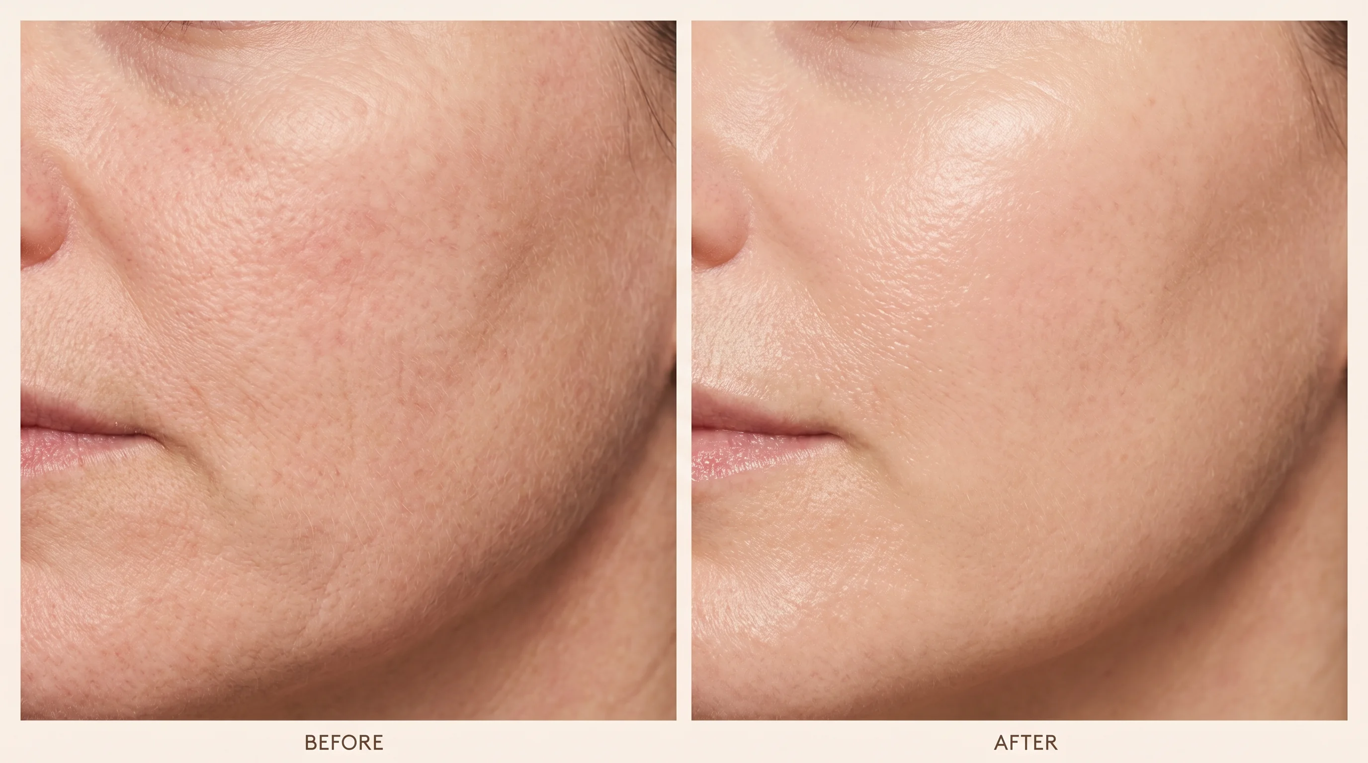 Illustrative macro before and after of the same skin under equal lighting, showing smoother texture and more even tone