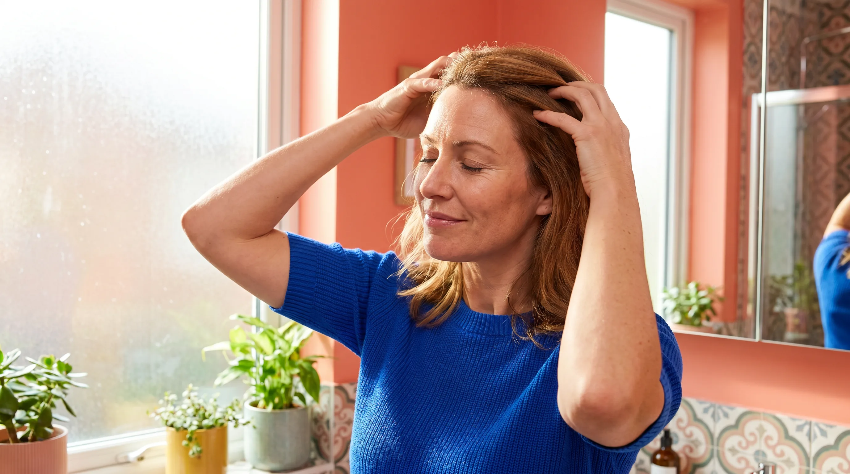 A woman in her forties massaging her scalp with her fingertips in a bright bathroom, healthy hair, calm morning routine