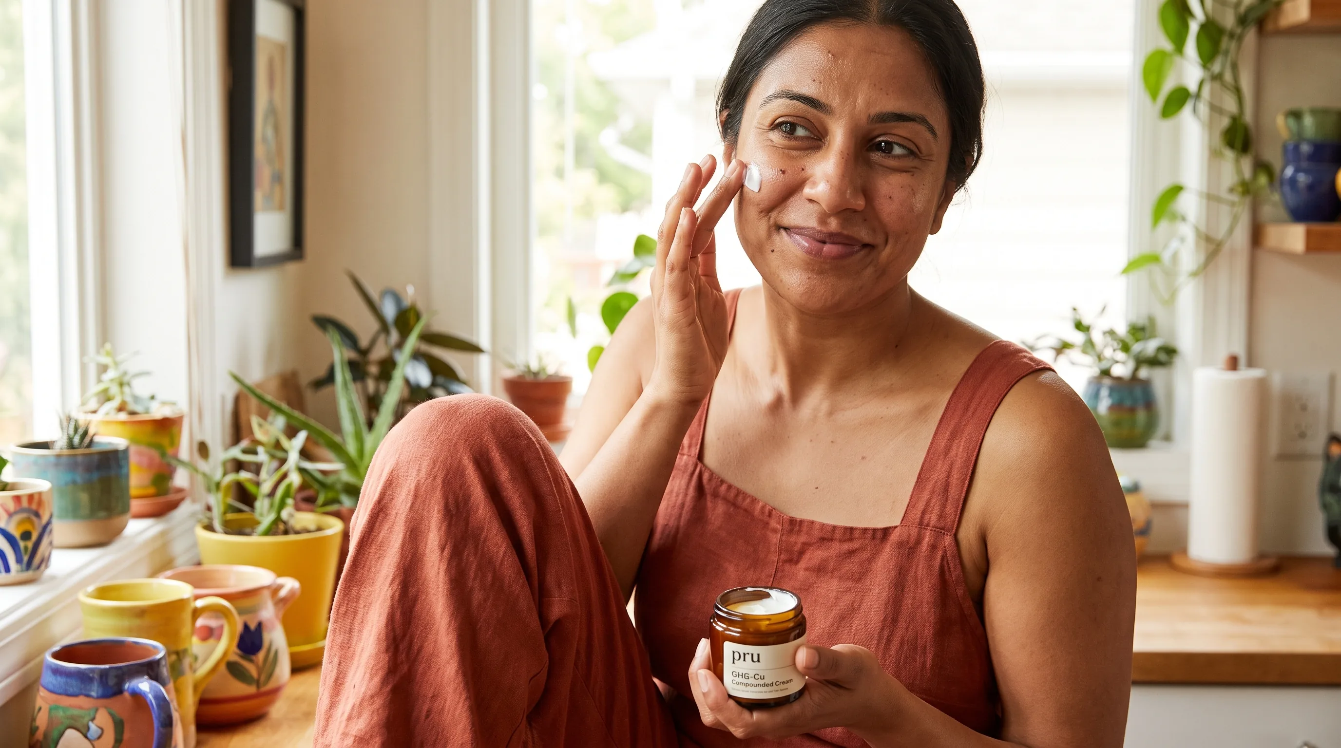 A pru GHK-Cu compounded cream in a real, at-home moment
