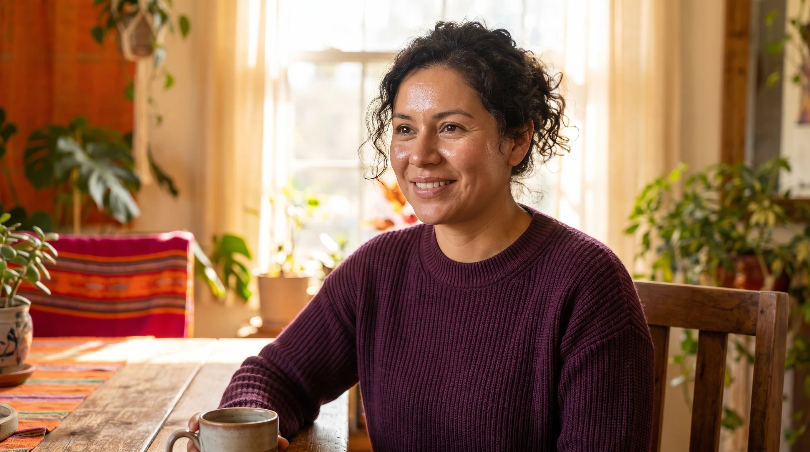 A woman in her late thirties with healthy, radiant skin smiling in soft morning light after her skincare routine, calm and warm