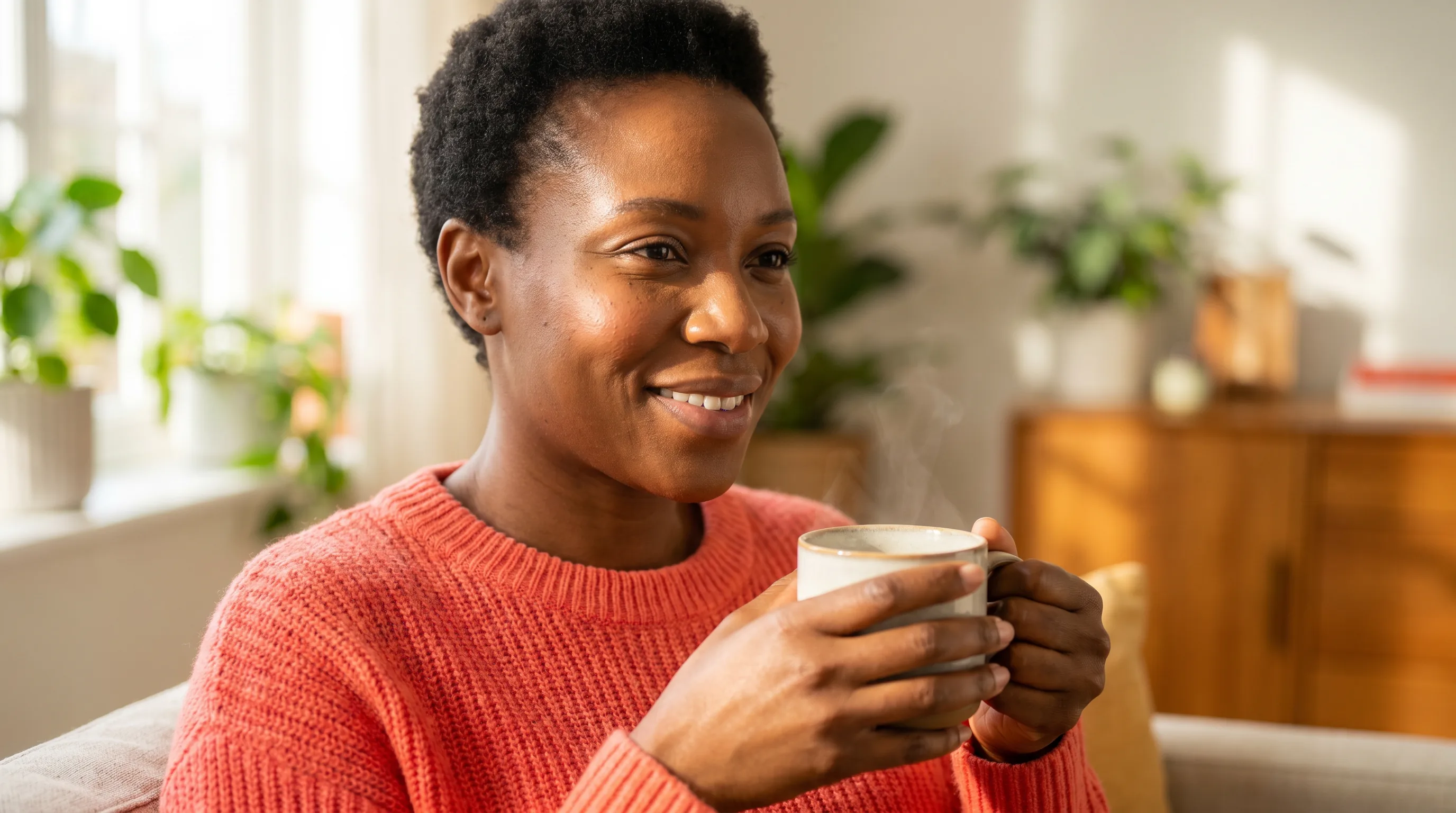A woman in her late thirties with healthy, radiant skin smiling in soft morning light after her skincare routine, calm and warm