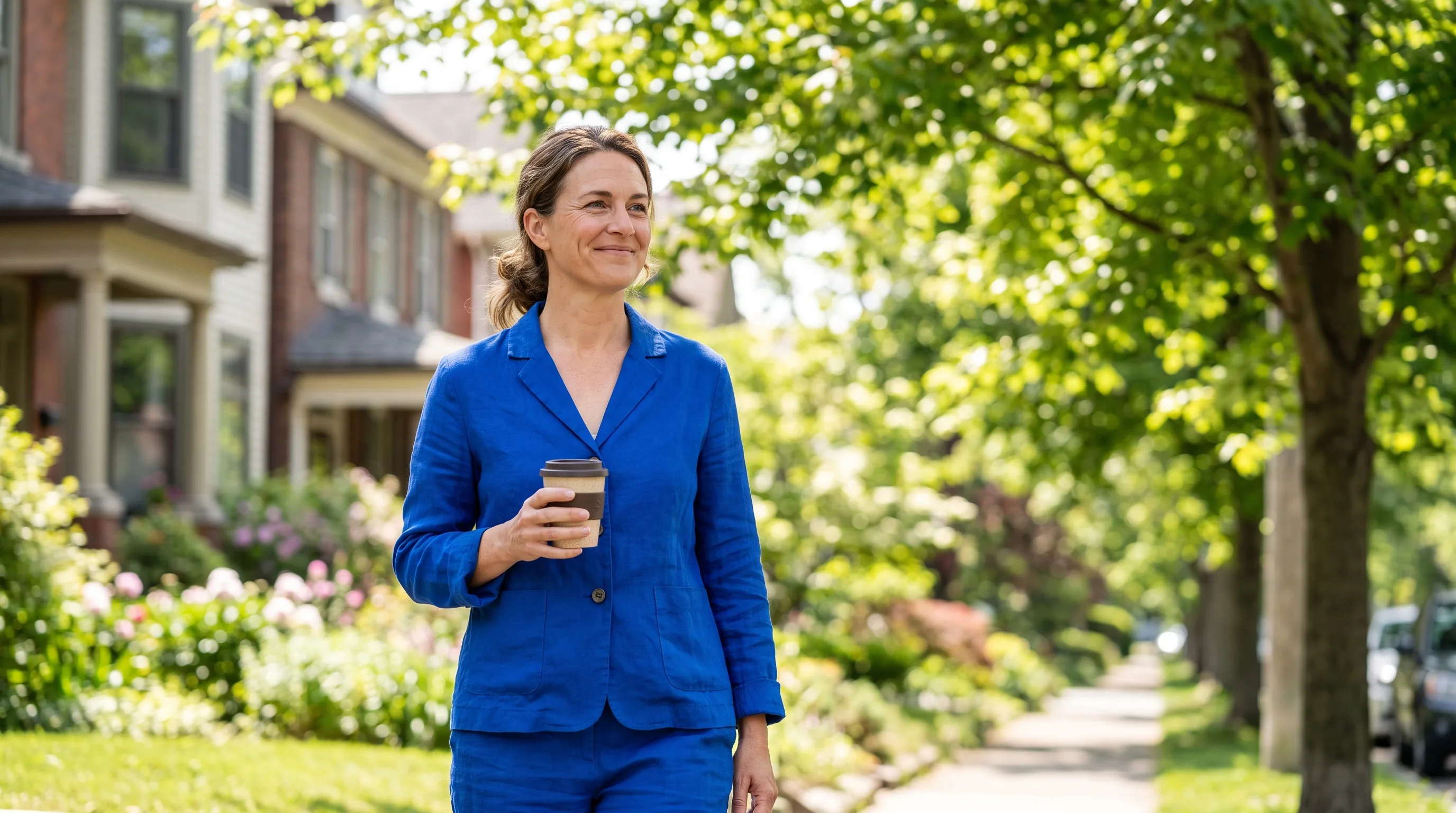 A woman in her forties on a bright morning walk through a leafy neighborhood, relaxed and unhurried, her mind clearly not on food