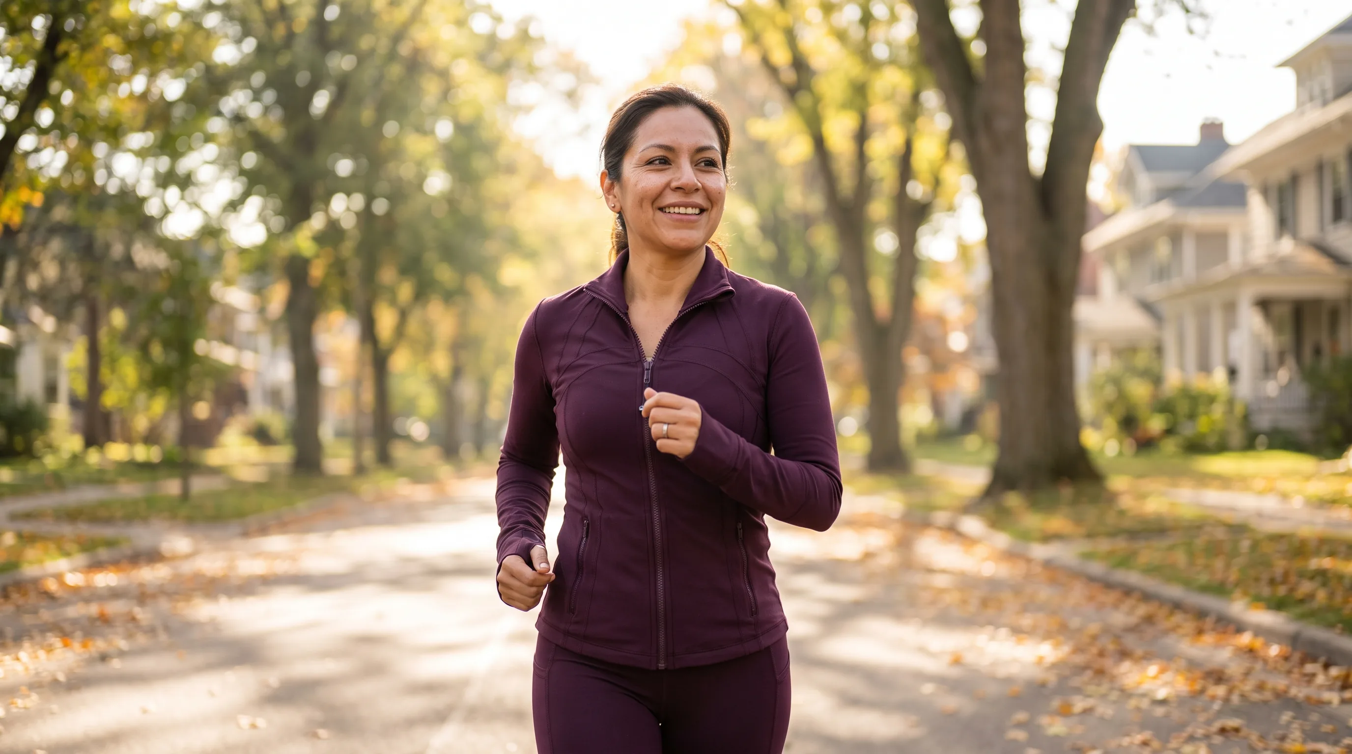 A woman in her forties in workout clothes on a brisk morning walk through a leafy neighborhood, looking energized and relaxed