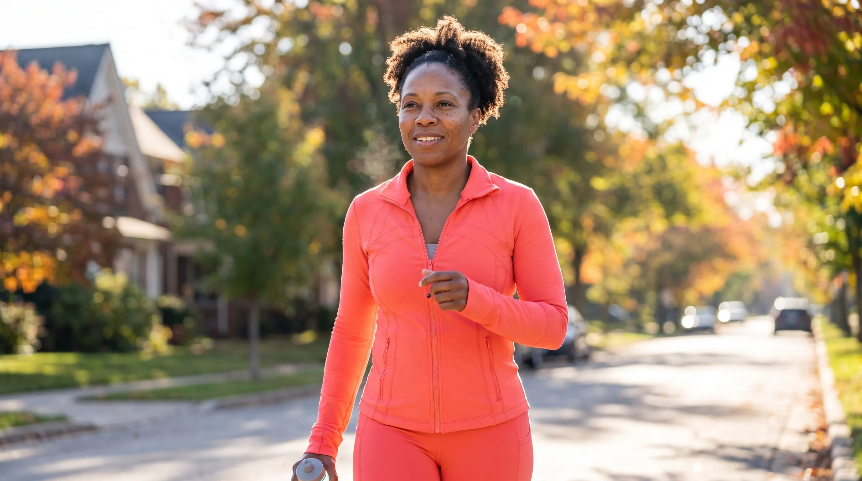 A woman in her forties in workout clothes on a brisk morning walk through a leafy neighborhood, looking energized and relaxed