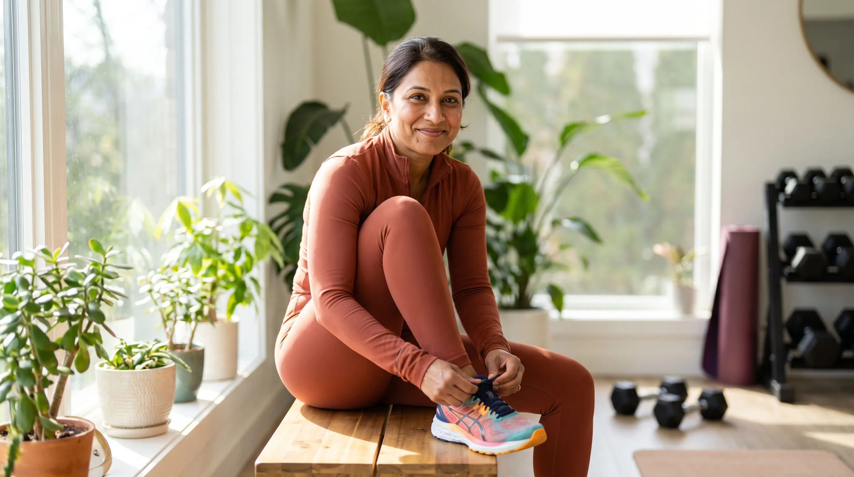 A woman in her 40s in workout clothes sitting on a bench, lacing up her sneakers before a strength session in a bright home gym