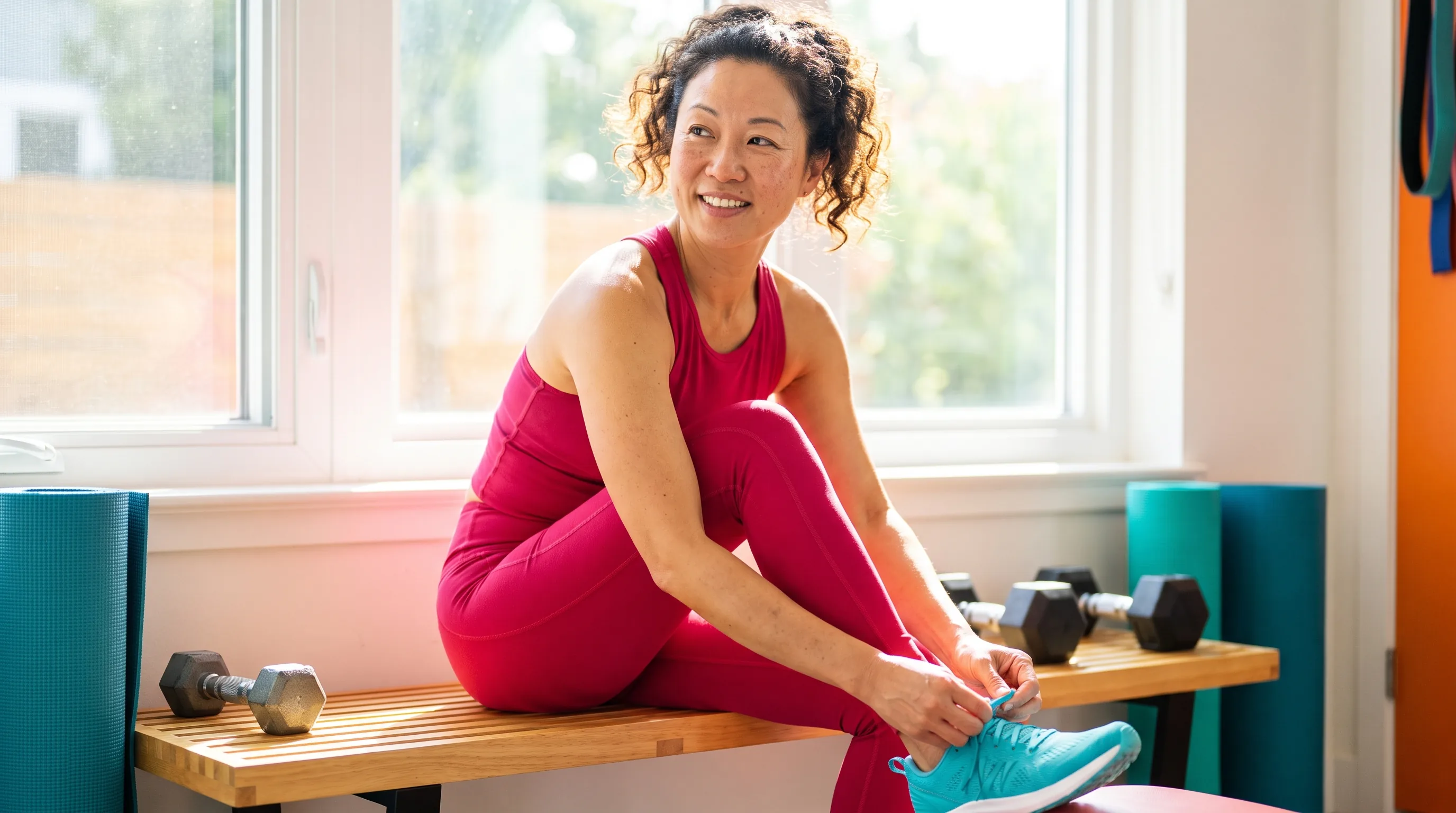 A woman in her 40s in workout clothes sitting on a bench, lacing up her sneakers before a strength session in a bright home gym