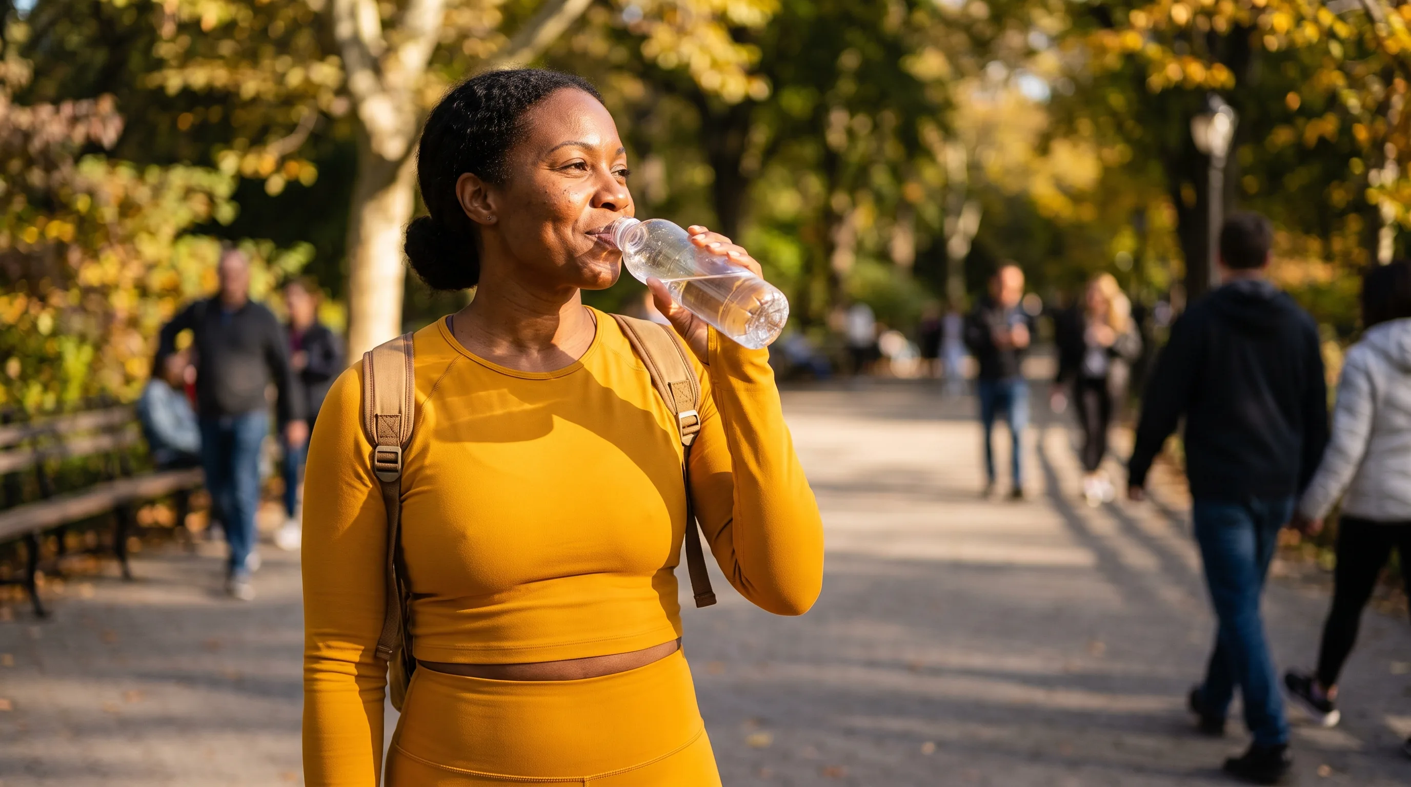 A woman in her forties in workout clothes sips water on a slow, sunny morning walk through a park, looking calm and steady