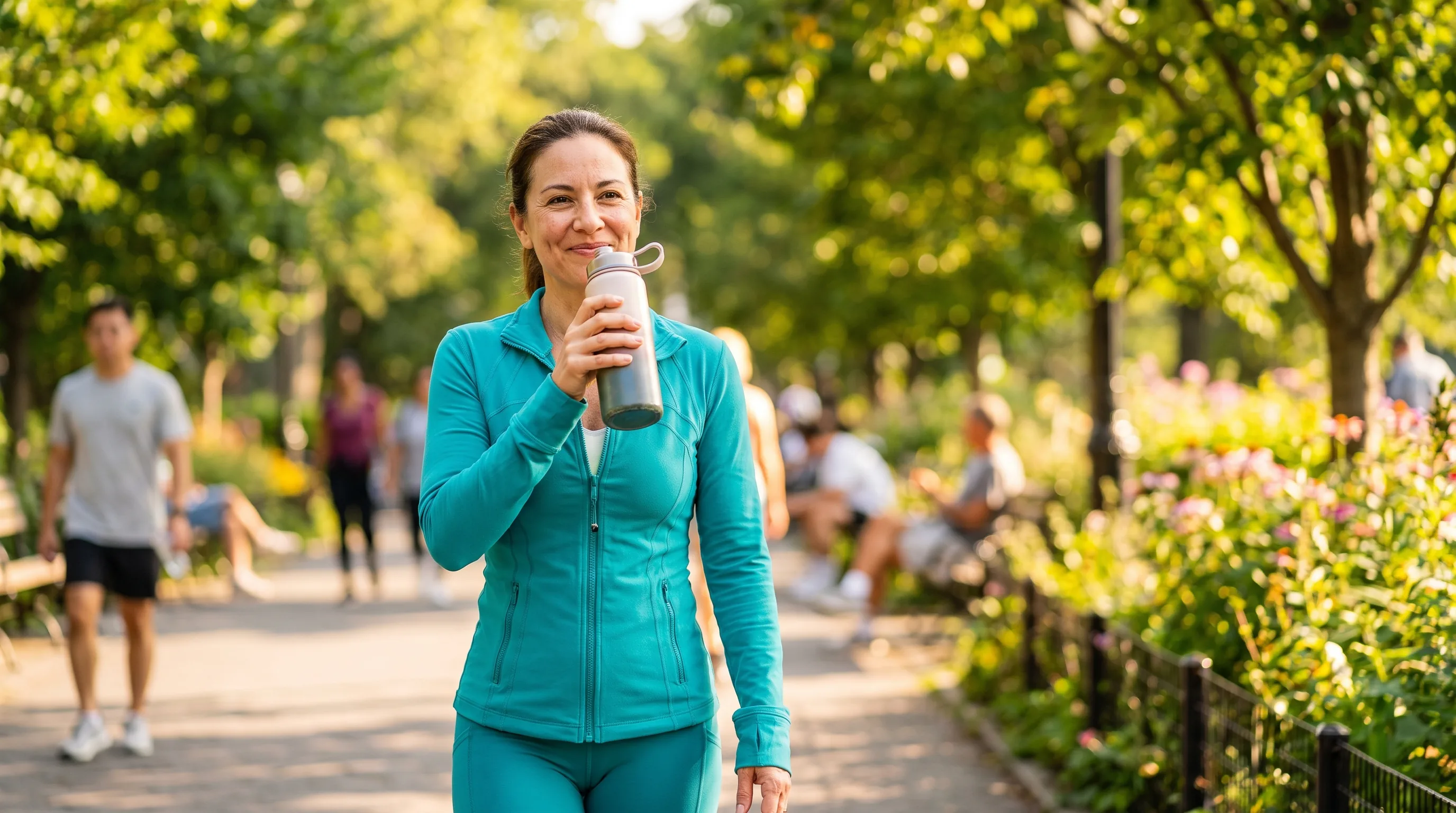 A woman in her forties in workout clothes sips water on a slow, sunny morning walk through a park, looking calm and steady
