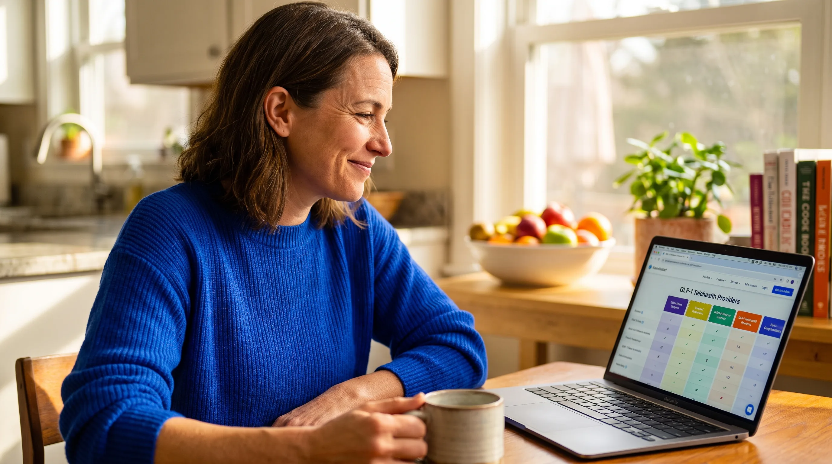 A warm, happy, colorful photo of a healthy adult smiling in bright morning light while comparing GLP-1 telehealth options on a laptop at a sunny kitchen table