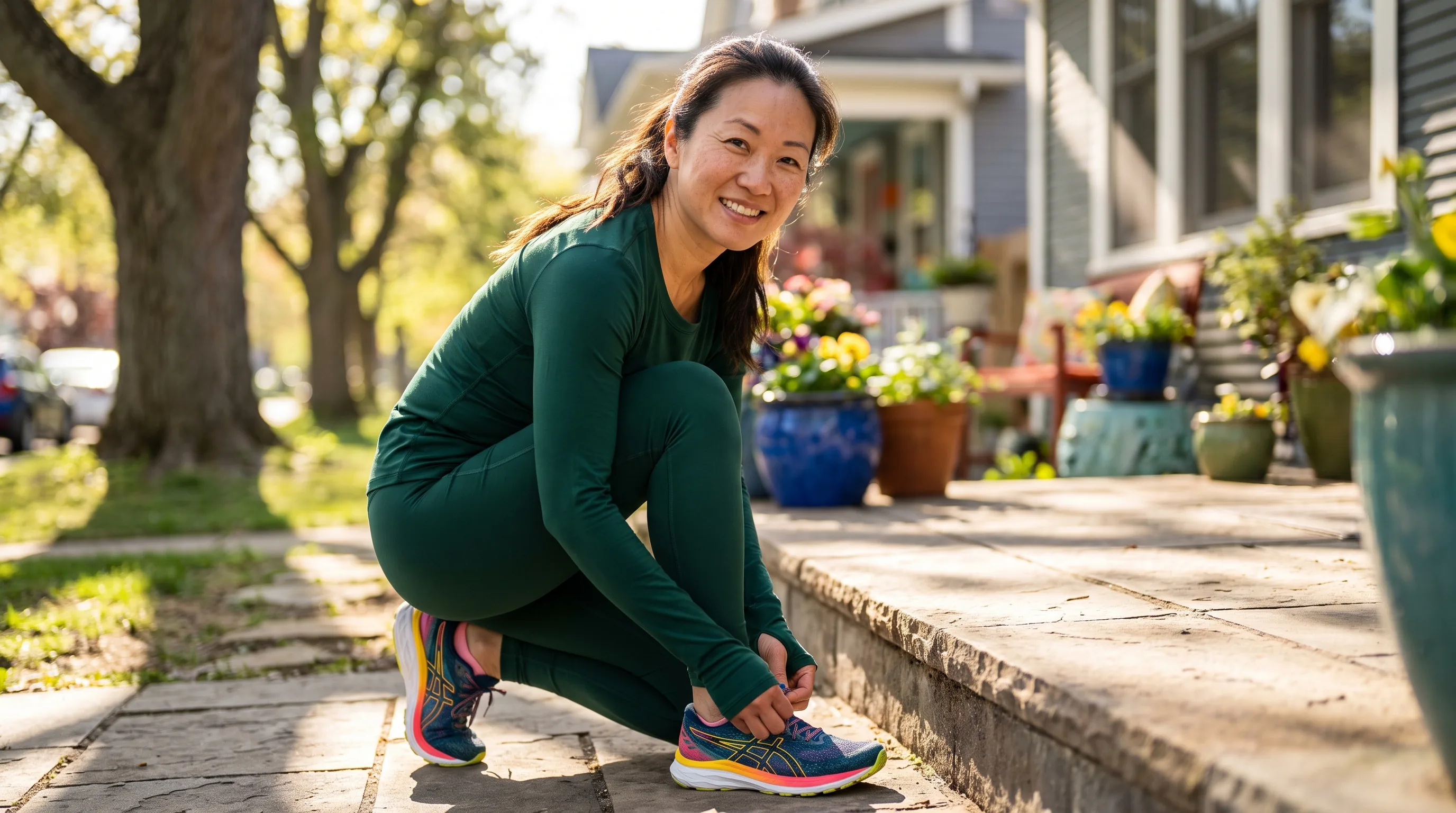 A woman in her forties in athletic wear tying her running shoes on a sunlit front step, ready for a brisk morning walk