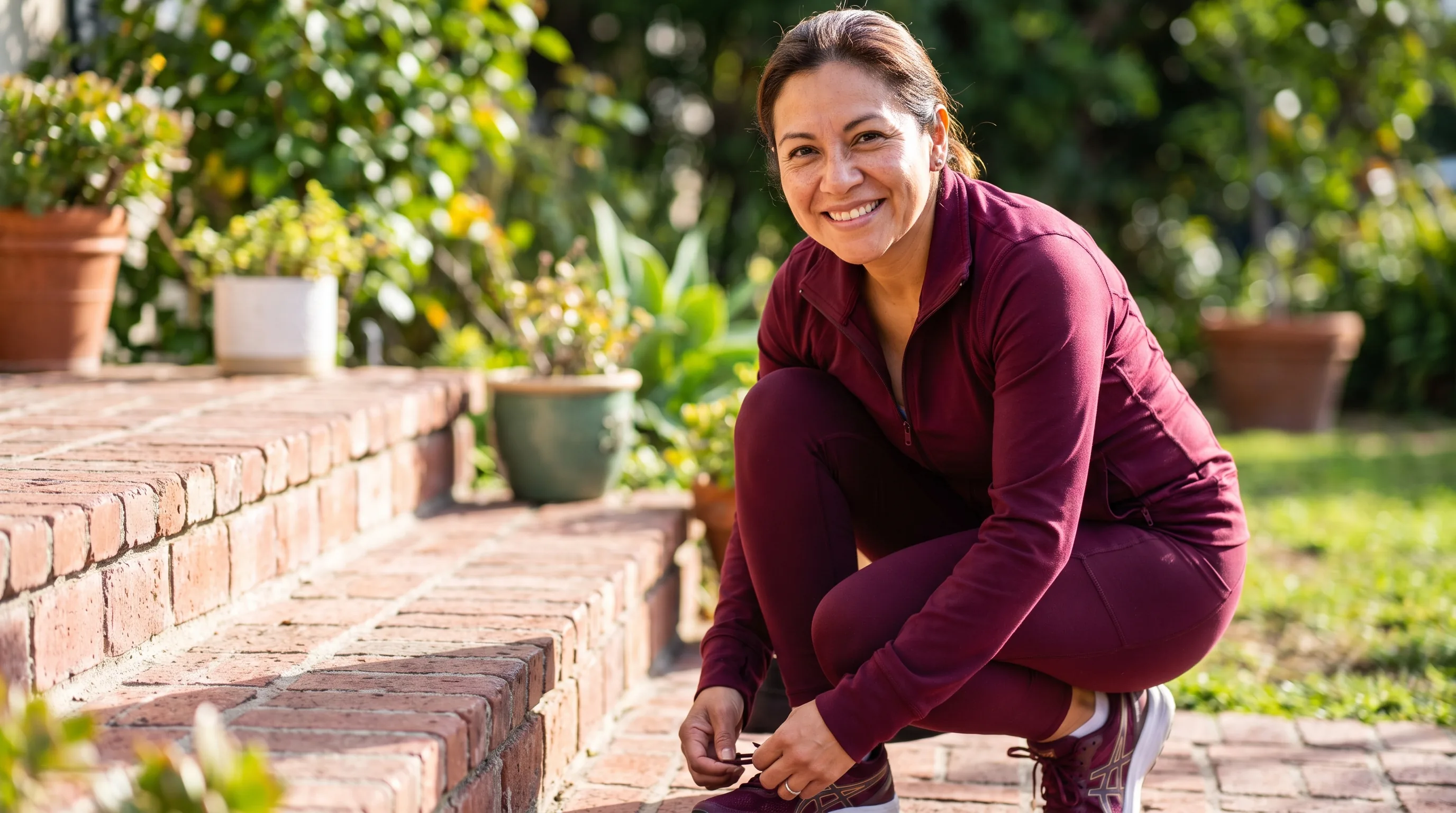 A woman in her forties in athletic wear tying her running shoes on a sunlit front step, ready for a brisk morning walk
