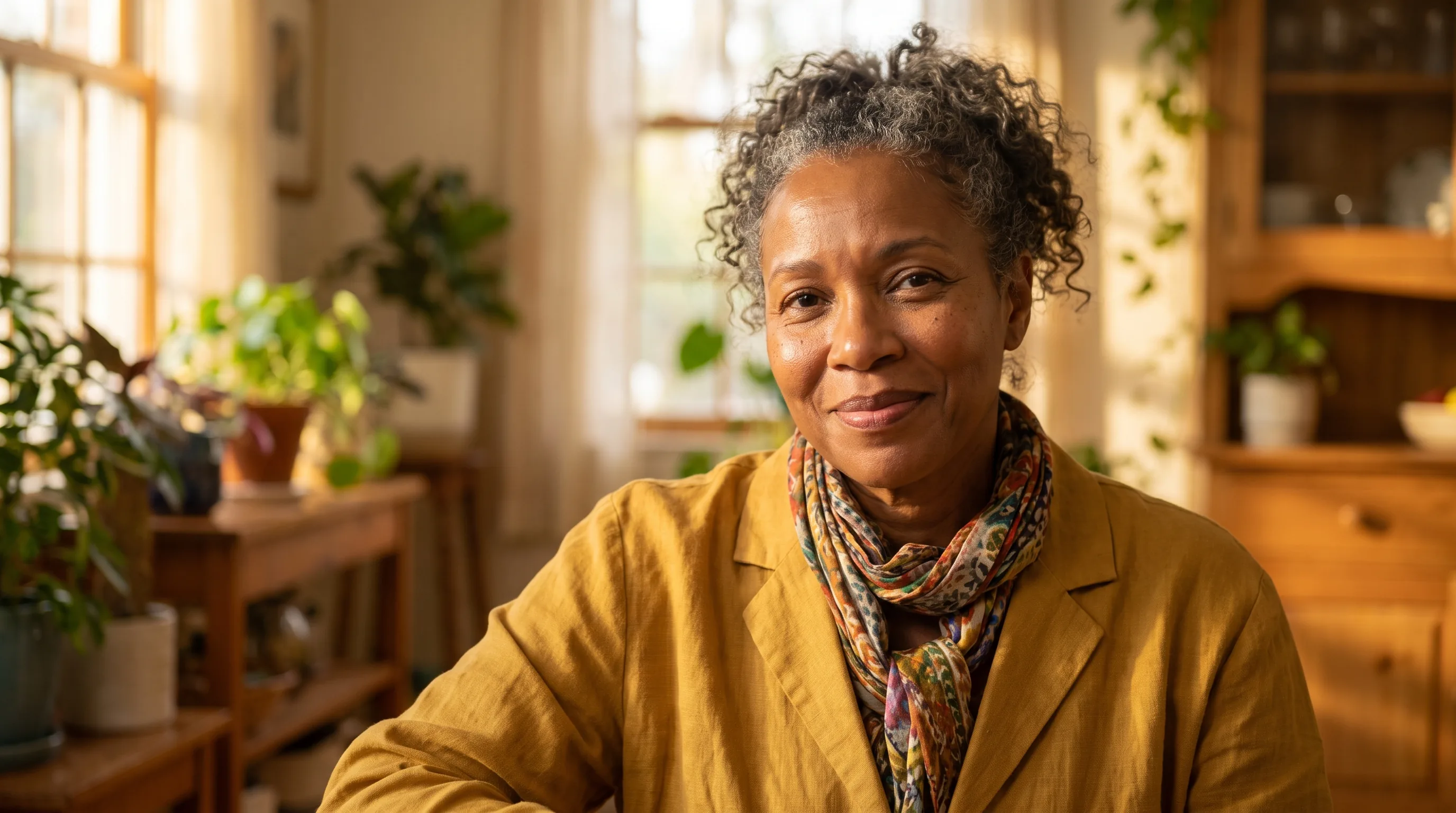 A woman with radiant, healthy, even-toned skin in soft morning light