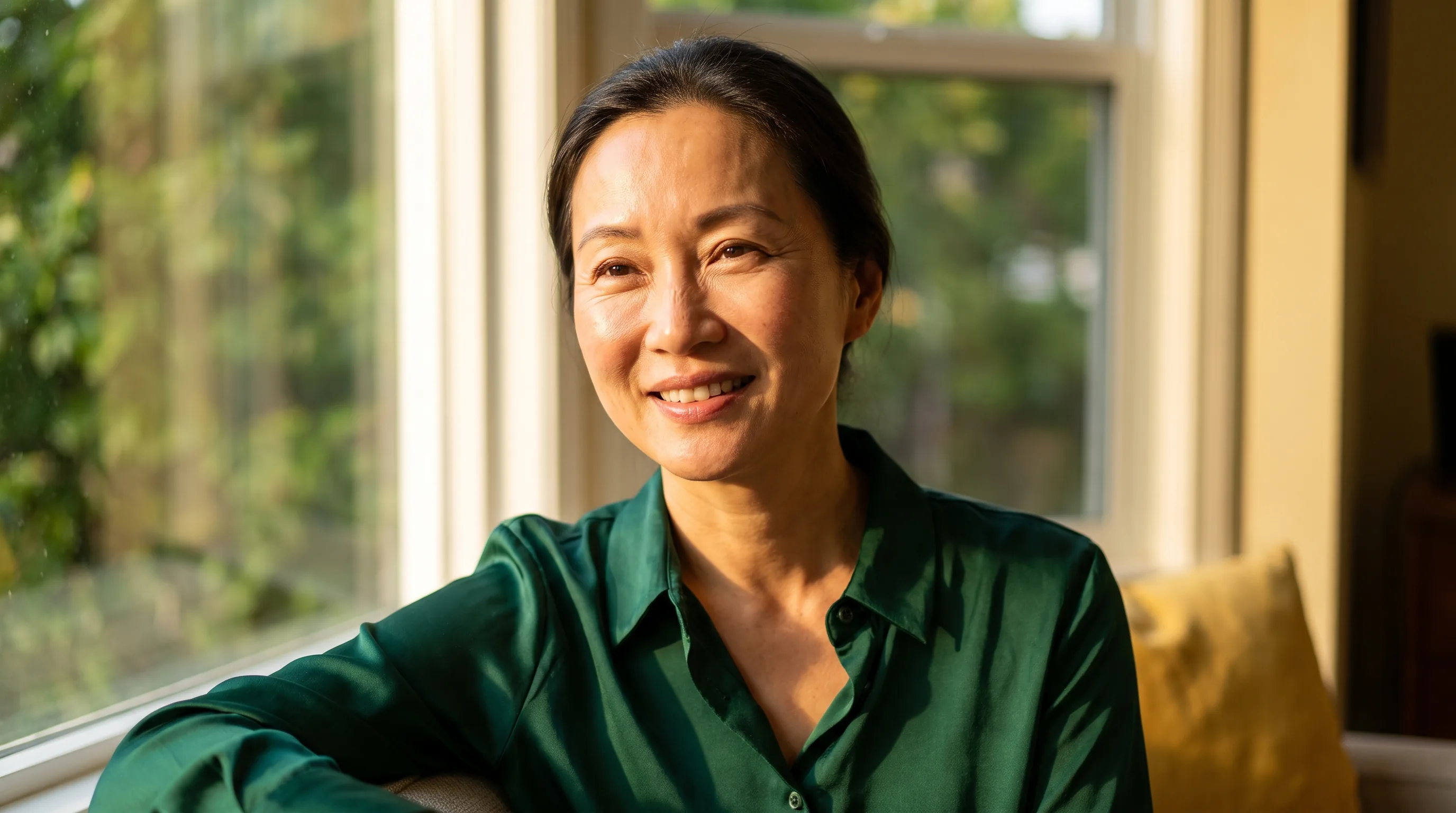 A woman in her early 40s with radiant, even-toned skin smiling softly in warm morning light by a bright window
