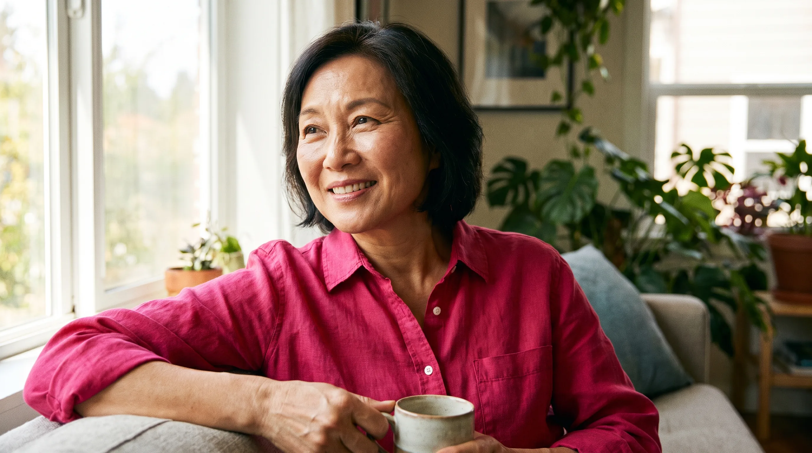 A woman in her early 40s with radiant, even-toned skin in soft morning light, relaxed and healthy at home