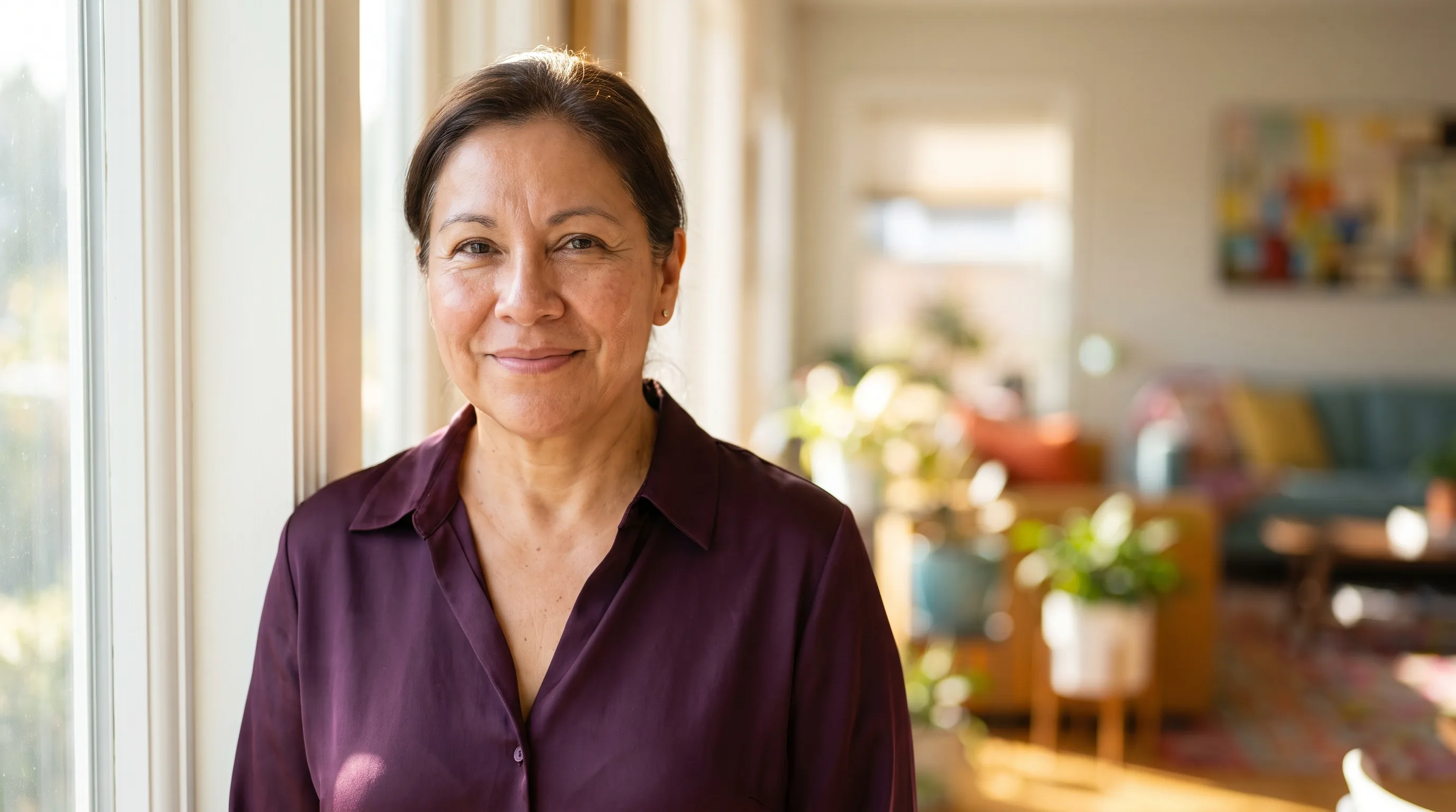 A woman in her early 40s with radiant, even-toned skin standing in soft morning light by a bright window, calm and healthy