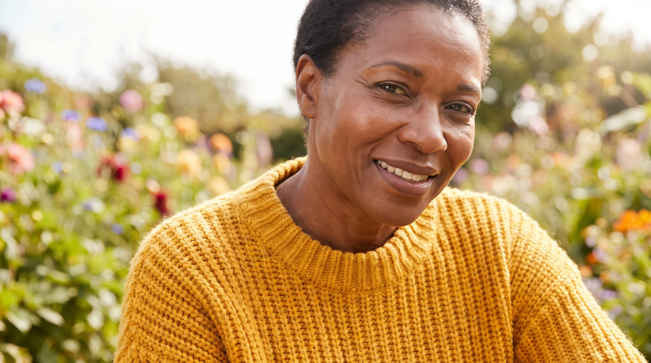 A woman with radiant, healthy skin and an energized expression in soft light
