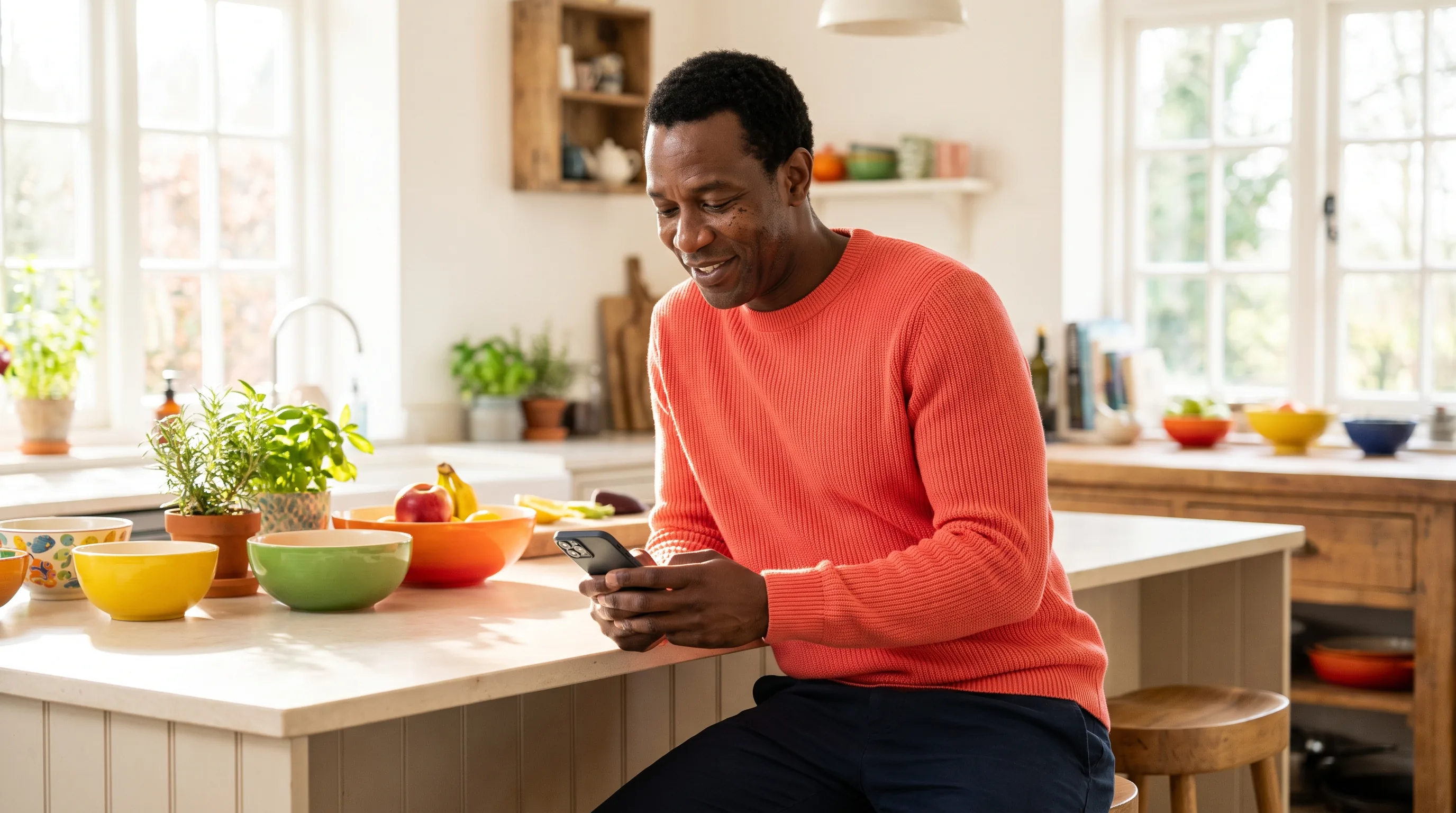 A healthy adult at a kitchen table comparing a safe option on a laptop in warm morning light