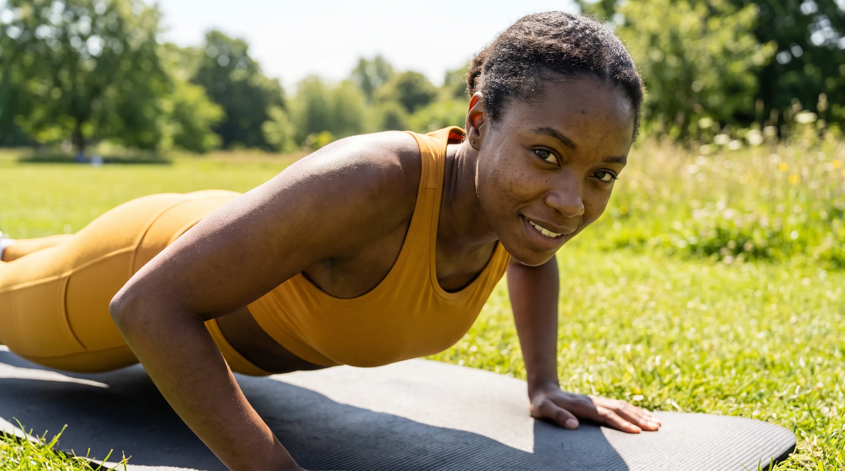 A lean, athletic woman in their 20s doing push-ups on a mat