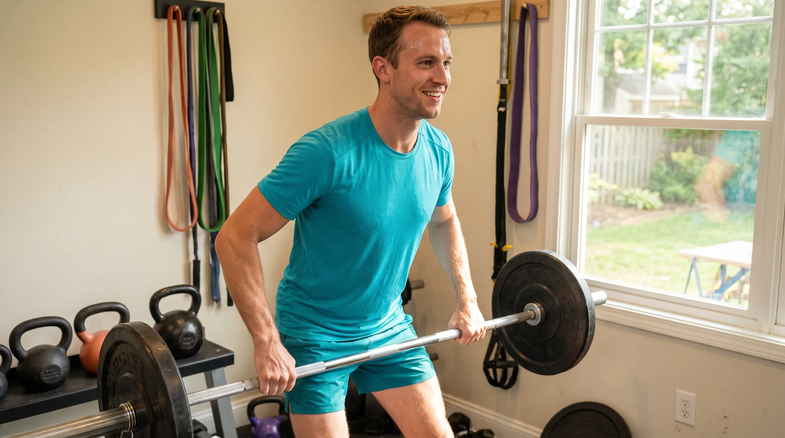 A lean, athletic man in their 20s lifting a barbell in a home gym
