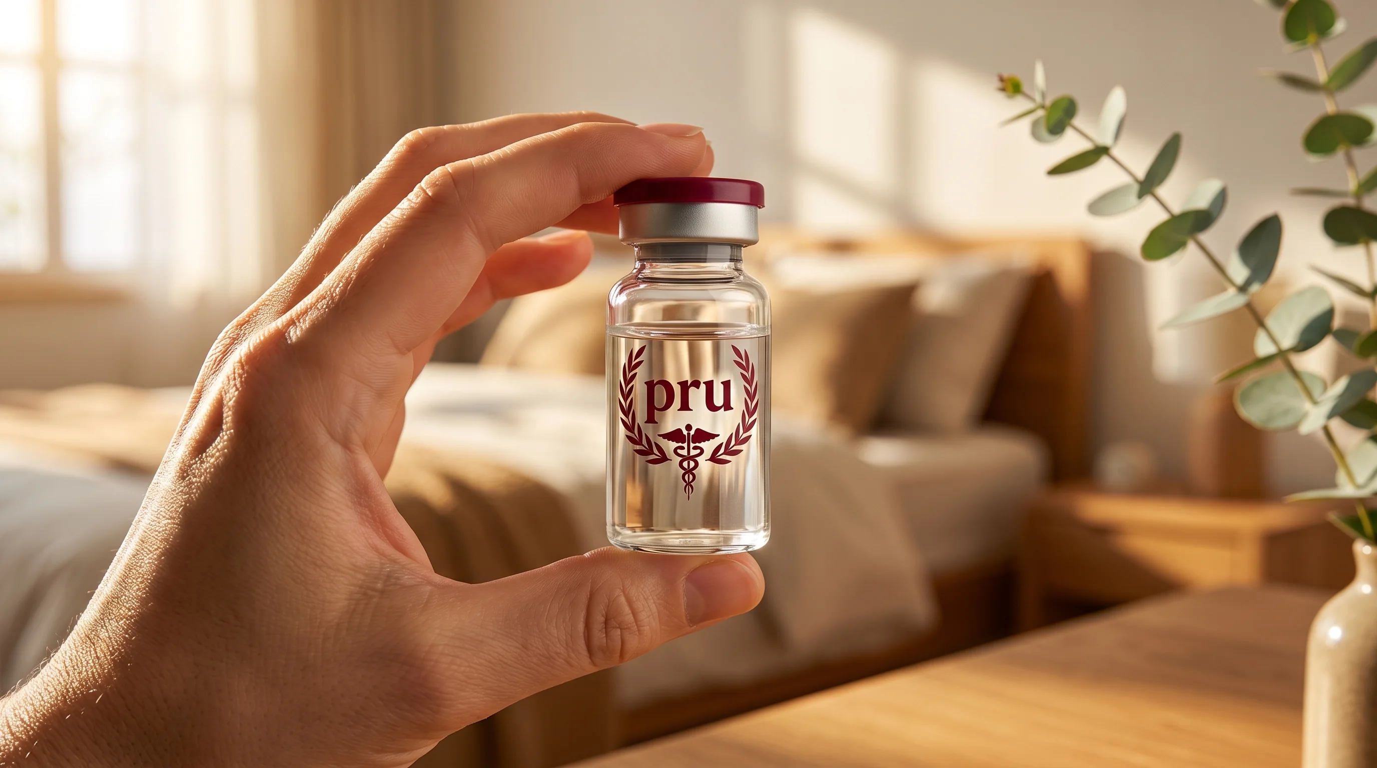 A hand holding a pru compounded peptide at home