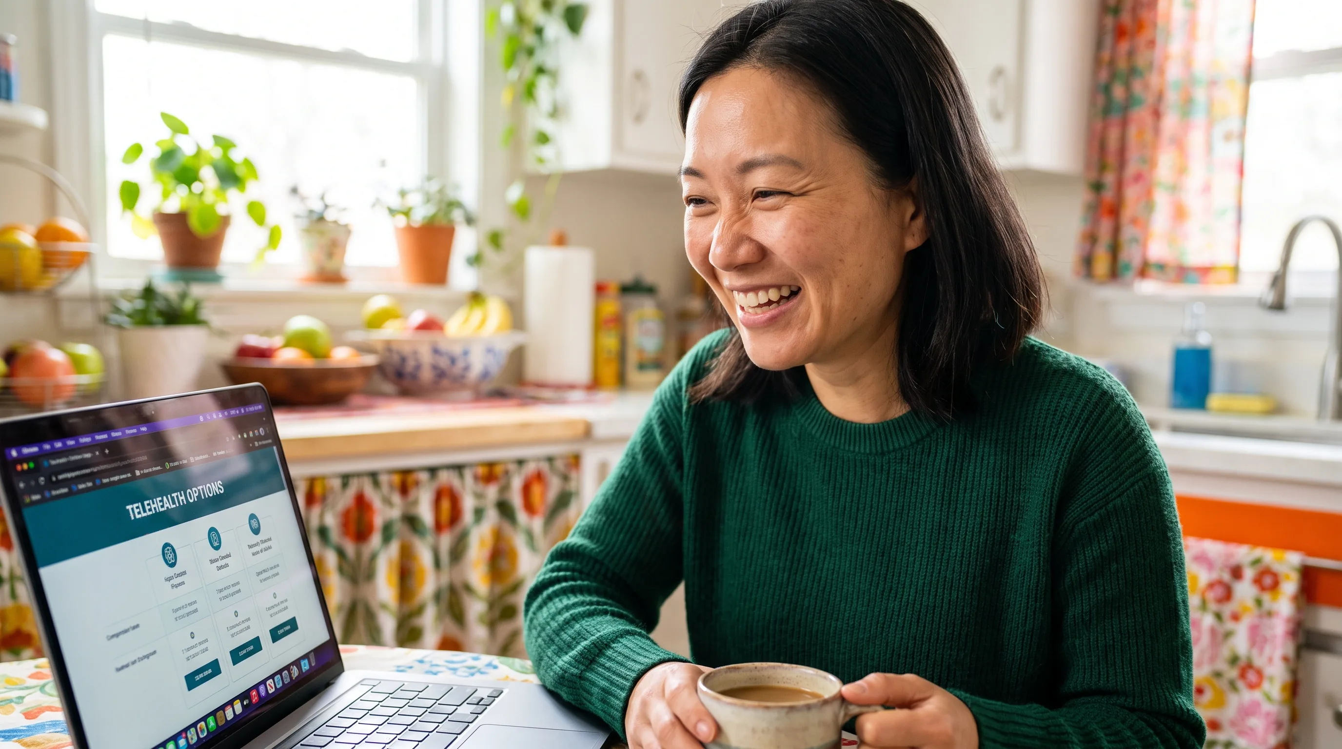 A cheerful, healthy woman in a bright kitchen laughing over coffee while comparing telehealth options on her laptop