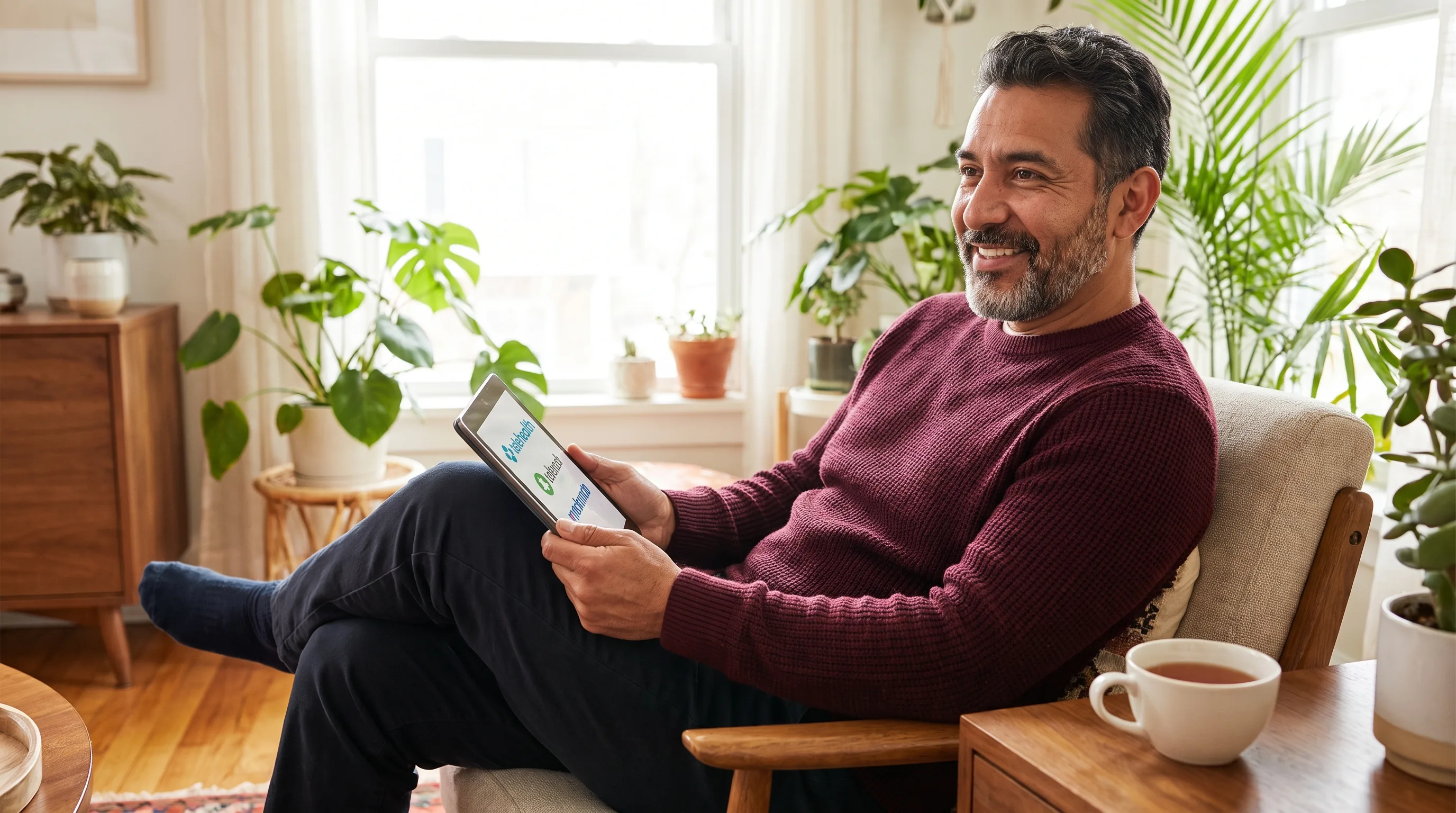 A healthy adult comparing telehealth options at home, relaxed and content
