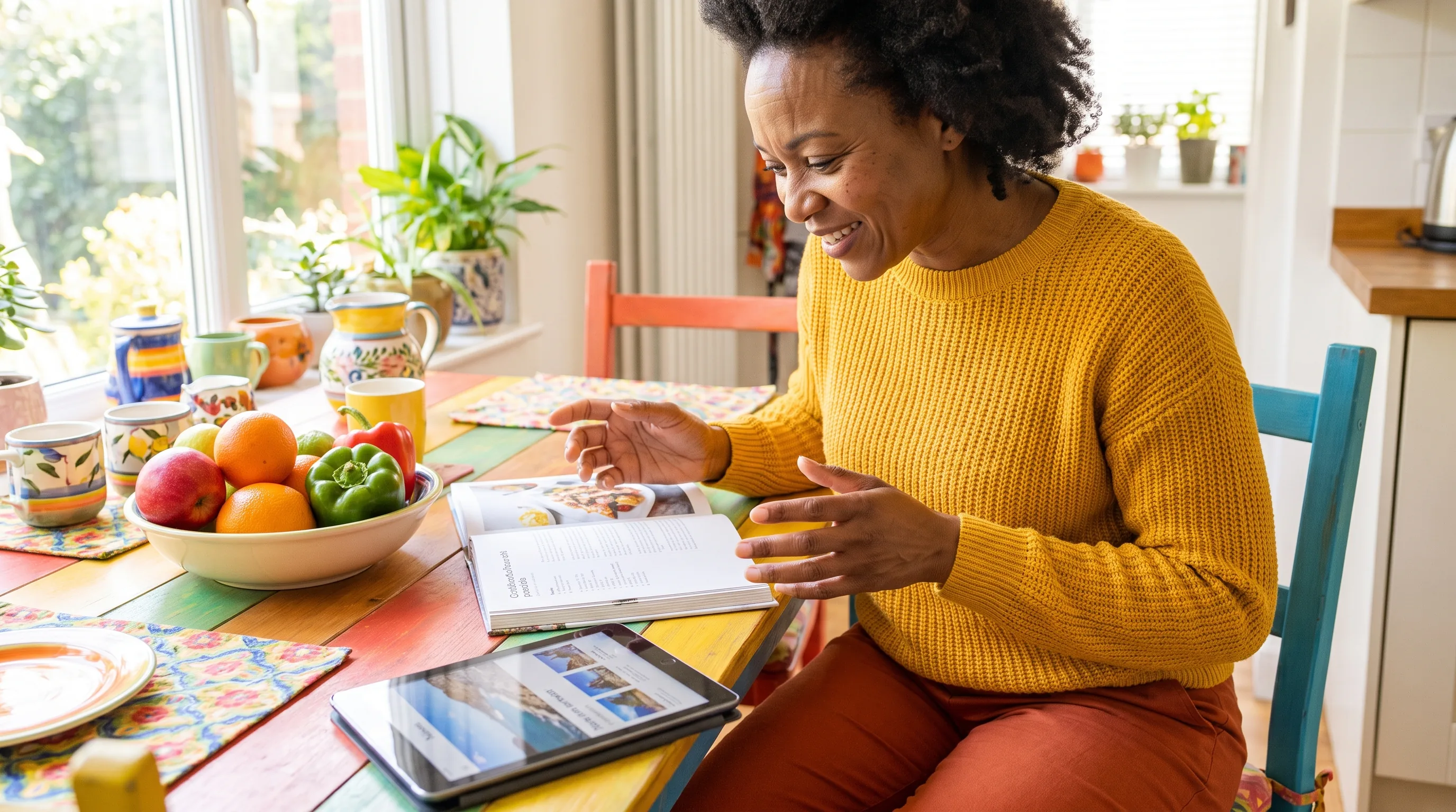 A warm, happy, colorful photo of a healthy adult weighing options at a bright kitchen table