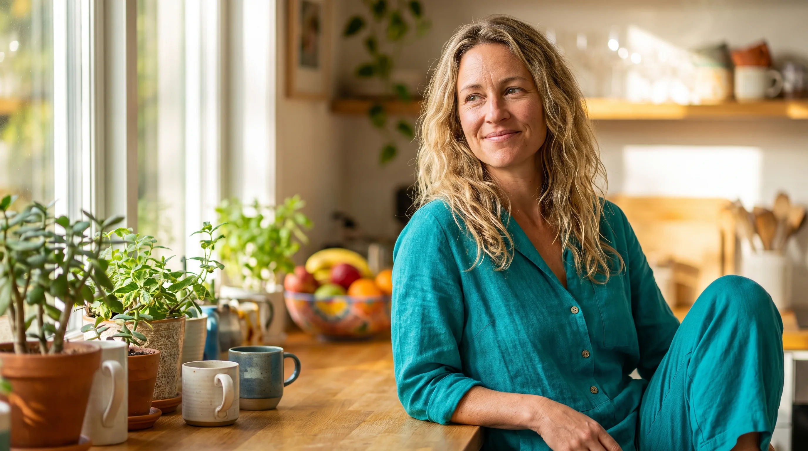 A happy, healthy woman in her 30s smiling in warm morning light in a bright kitchen, looking relaxed and confident as she considers switching her weight-care provider