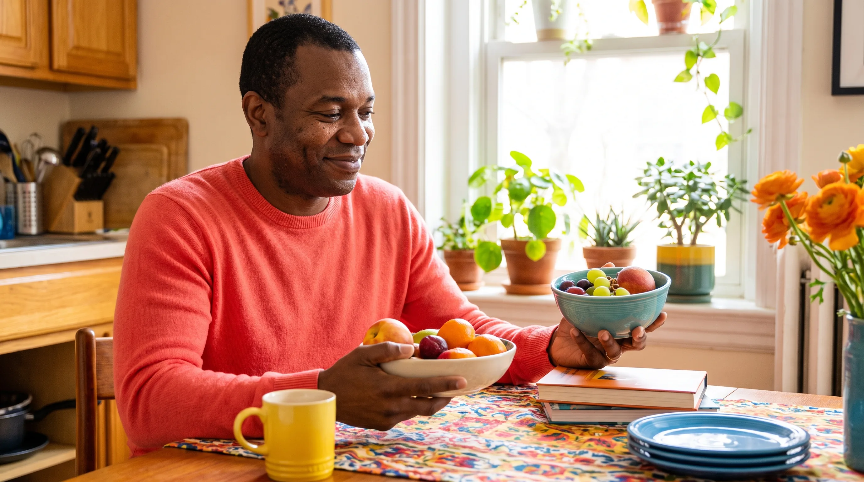 A warm, happy, colorful photo of a healthy adult smiling while weighing two options at a sunny kitchen table