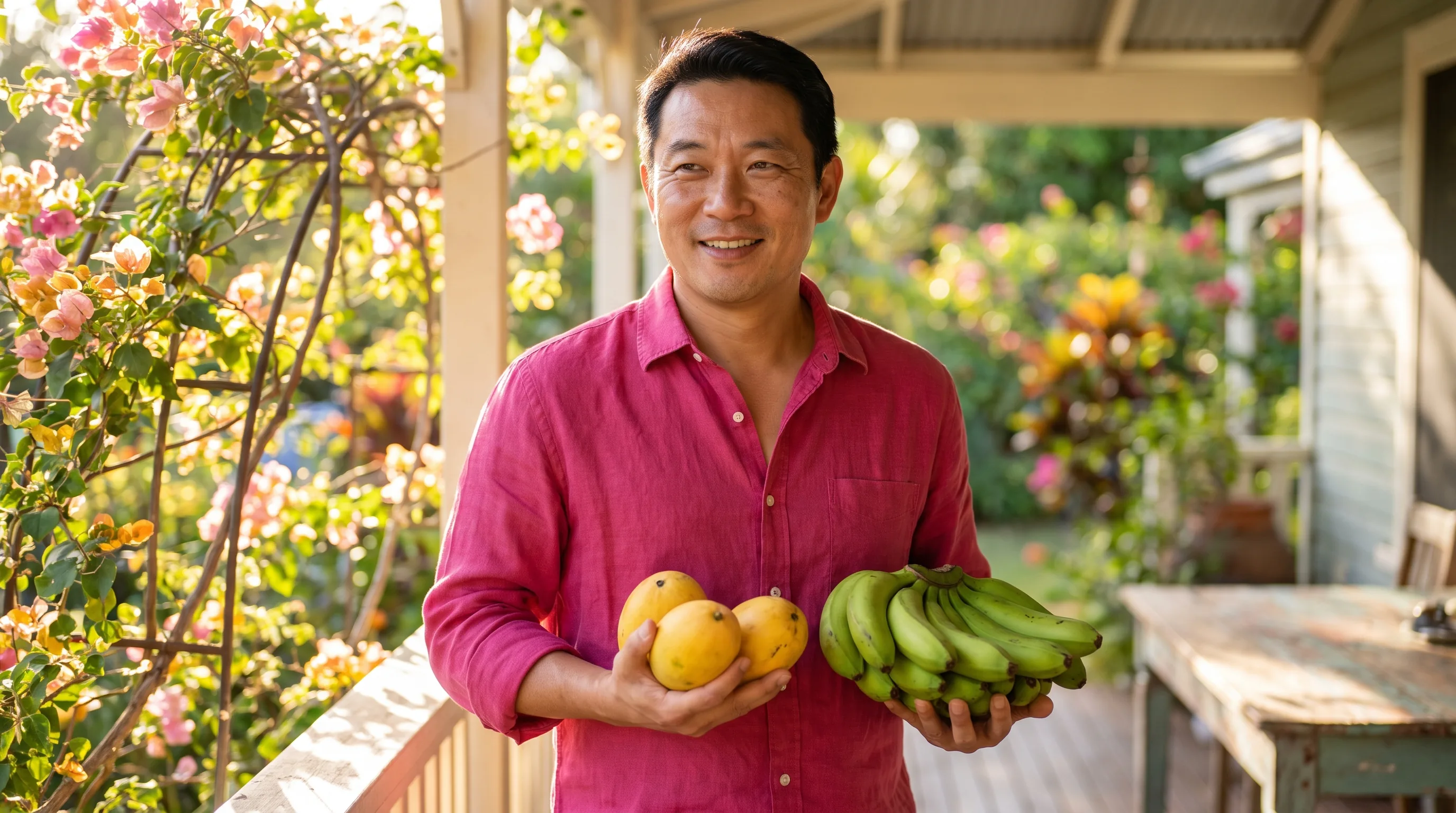 A warm, happy, colorful photo of a healthy adult in bright morning light, smiling as they weigh two options side by side