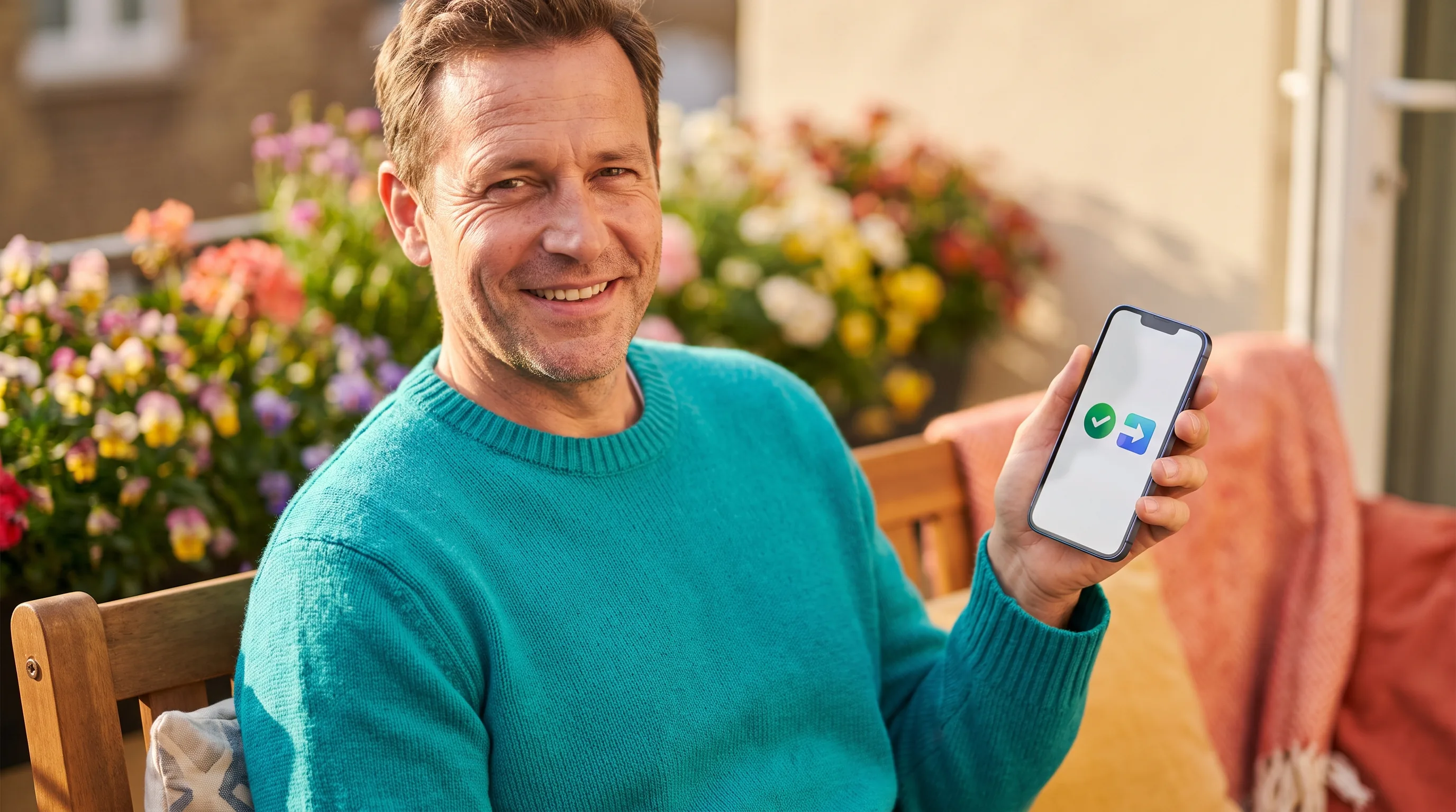A warm, happy, colorful photo of a healthy adult smiling in bright natural light as they weigh two options on their phone, relaxed and confident