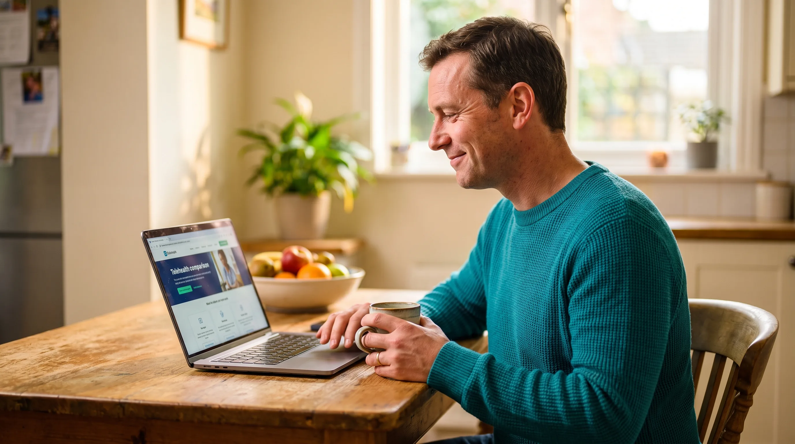 A healthy adult holding a pru compounded peptide at home, relaxed and content in warm natural light
