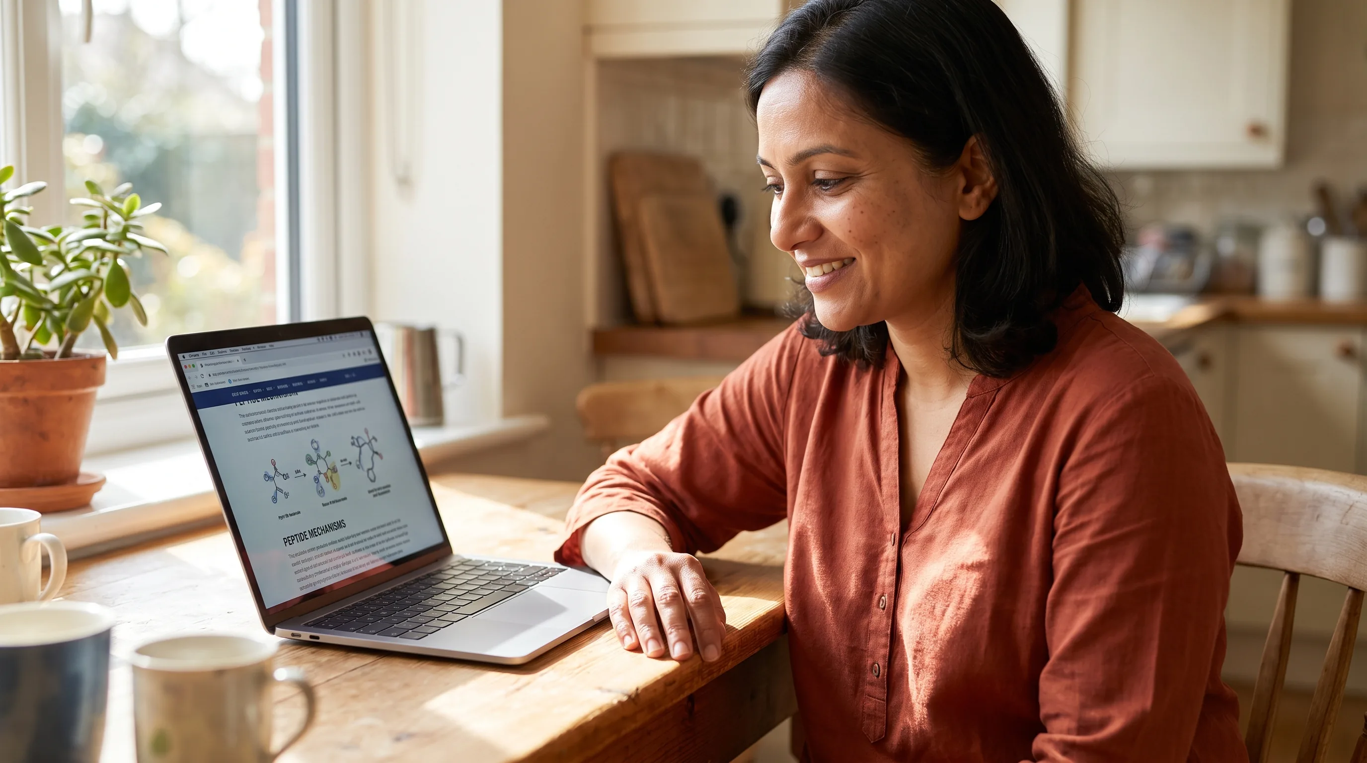 A thoughtful woman in her late thirties reading about how peptides work on a laptop at a sunlit kitchen table, calm and unhurried