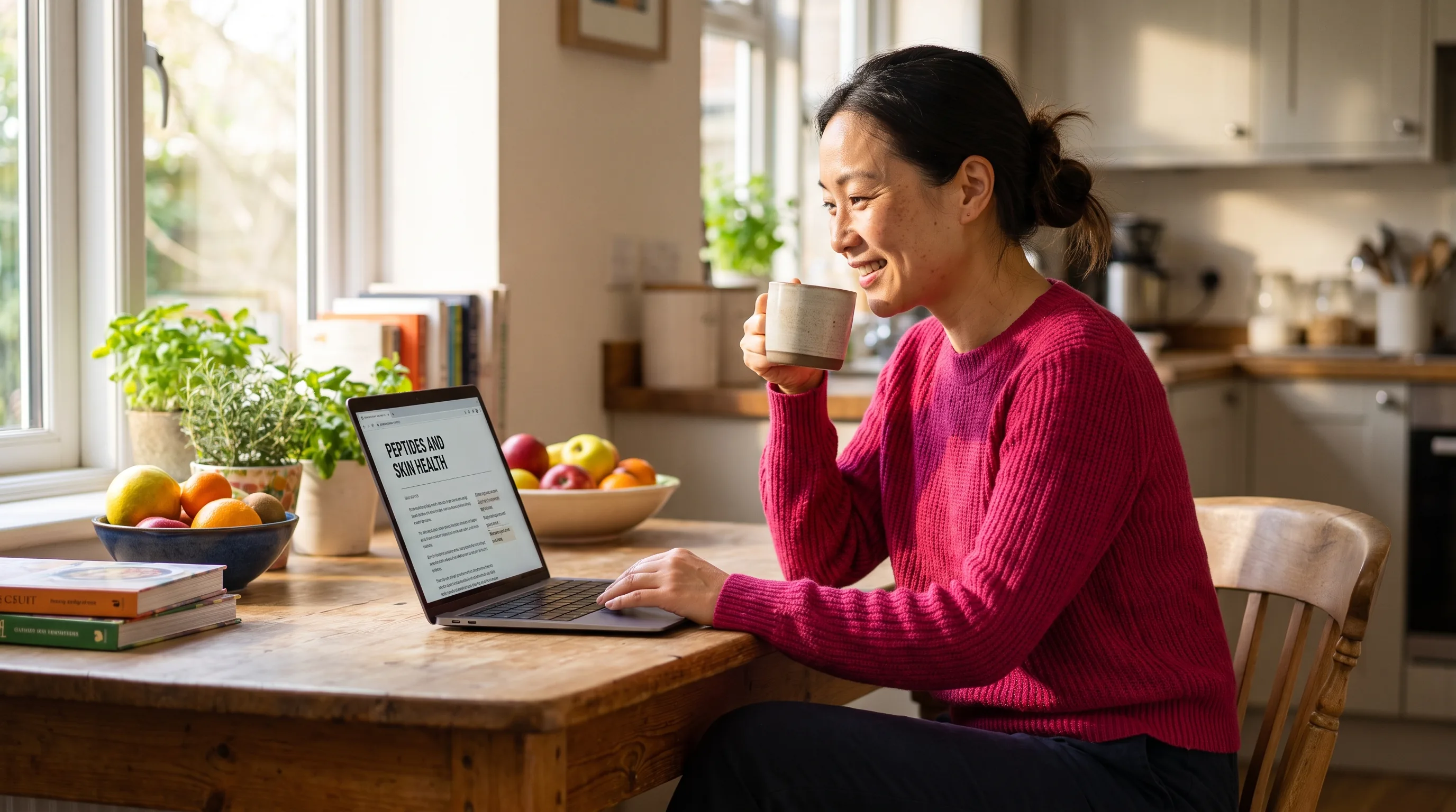 A thoughtful woman in her late thirties reading about peptides on a laptop at a sunlit kitchen table, calm and focused