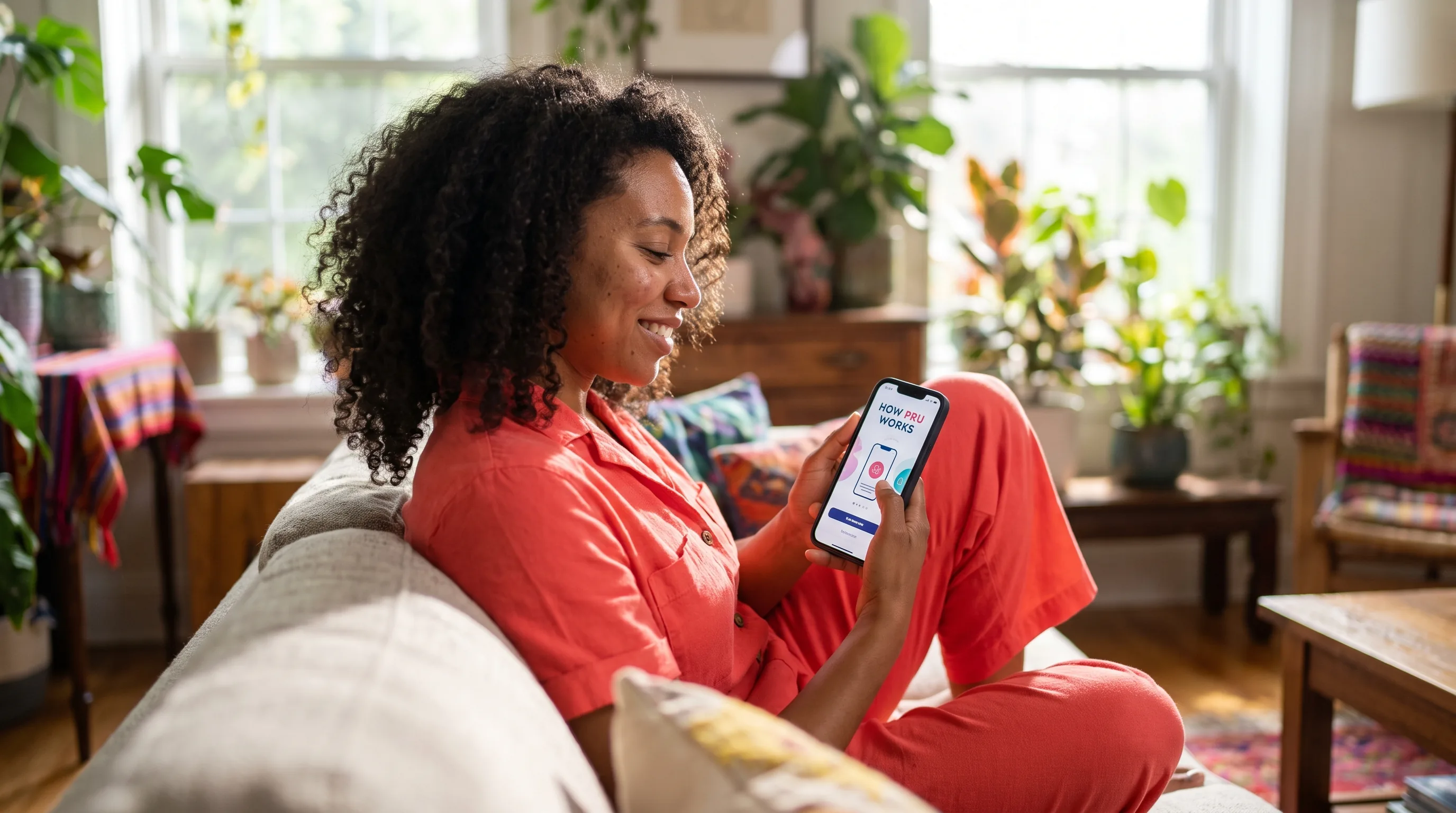 A cheerful, healthy woman in her thirties smiling at her phone in a bright, plant-filled living room, exploring how pru works.