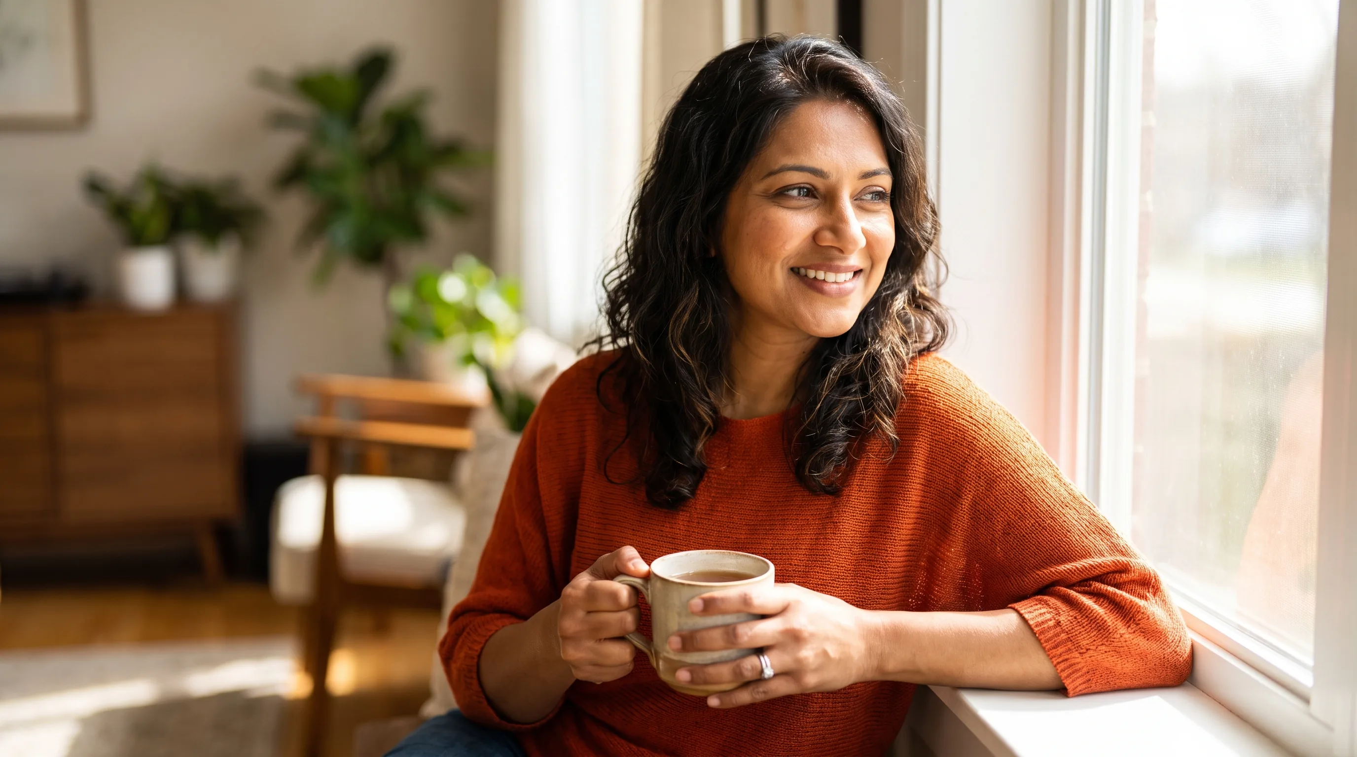 A cheerful woman in her forties smiling in warm morning light by a sunlit window, relaxed and healthy with a cup of tea.