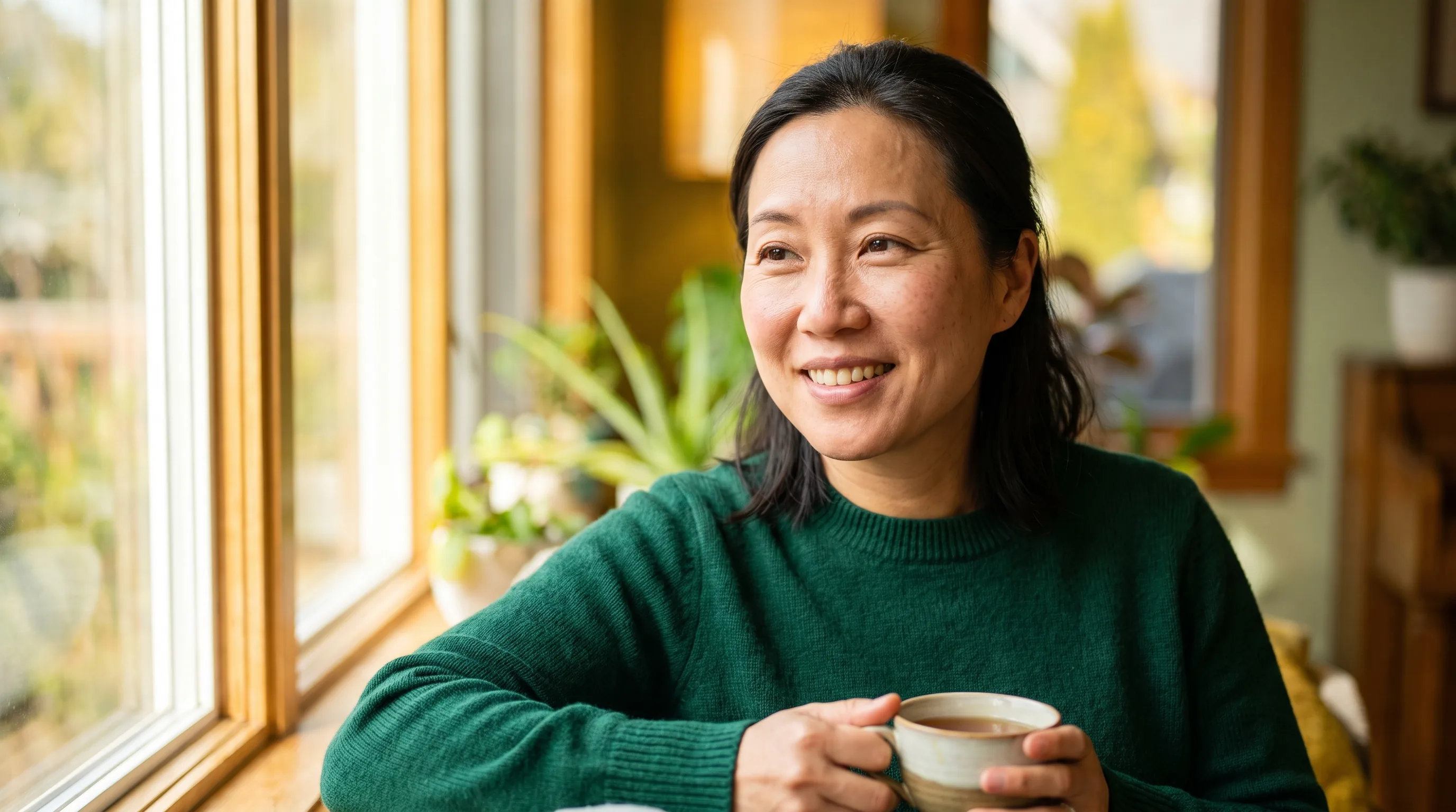 A cheerful woman in her forties smiling in warm morning light by a sunlit window, relaxed and healthy with a cup of tea.