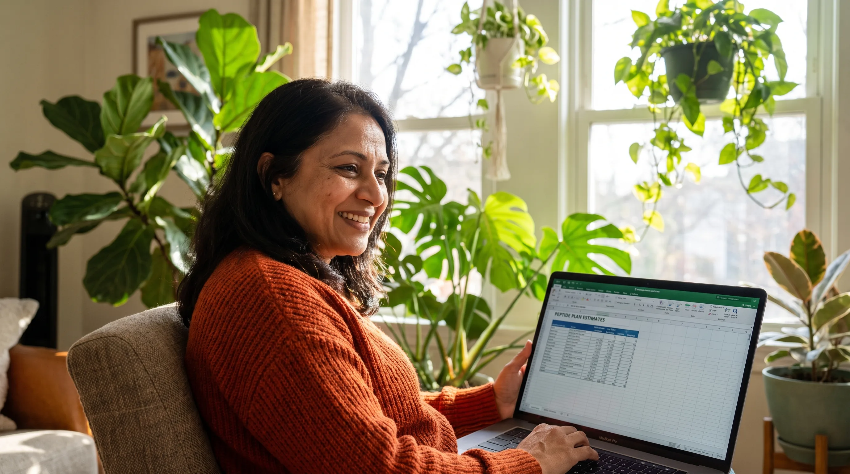 A cheerful woman in her forties smiling at a laptop in a bright, plant-filled living room, comfortably reviewing the cost of her peptide plan.