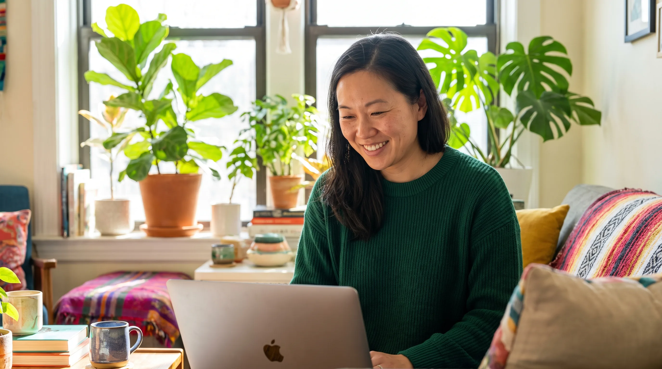 A cheerful woman in her forties smiling at a laptop in a bright, plant-filled living room, comfortably reviewing the cost of her peptide plan.