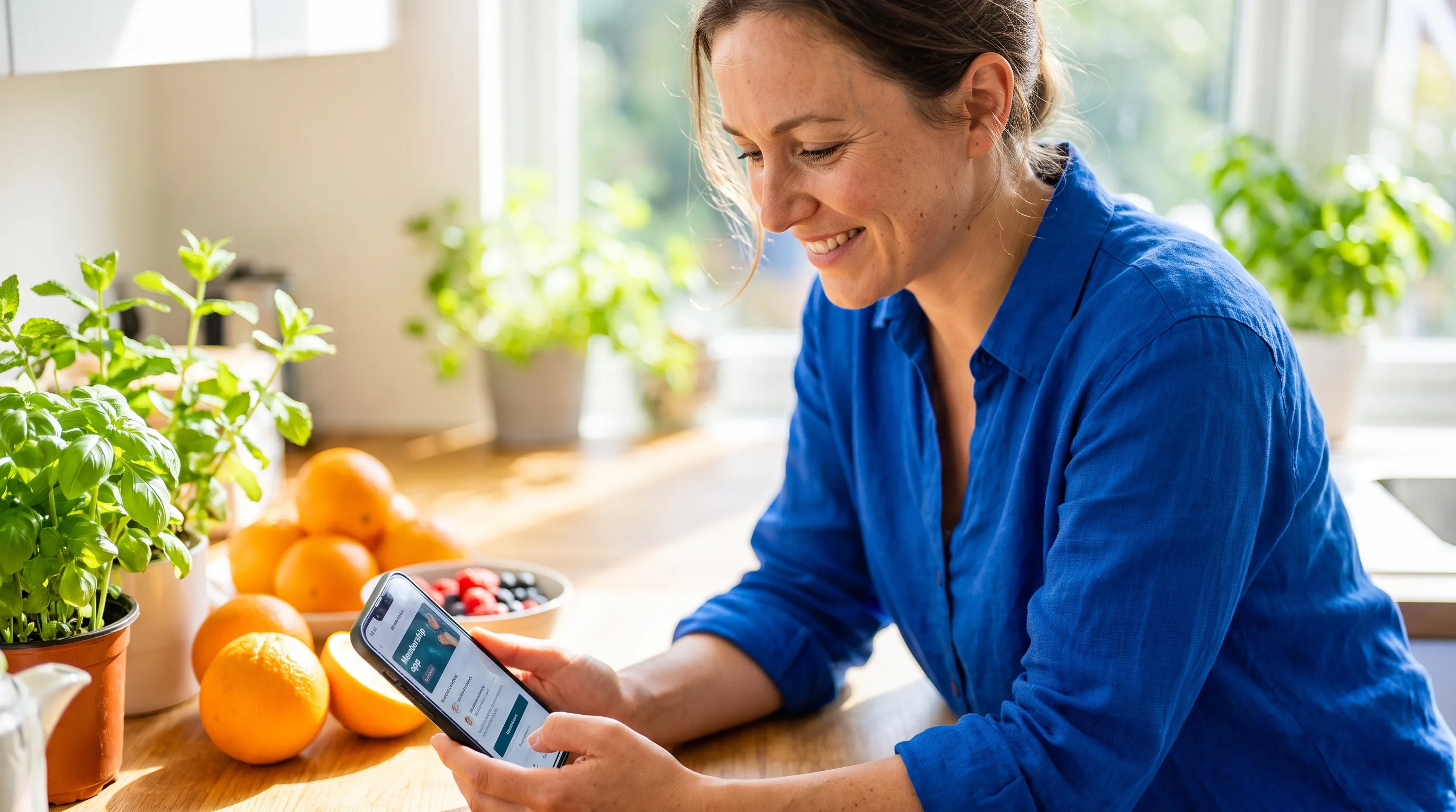 A cheerful woman in her early thirties smiling as she reviews her membership details on a phone at a sunlit kitchen counter with fresh fruit and plants around her.