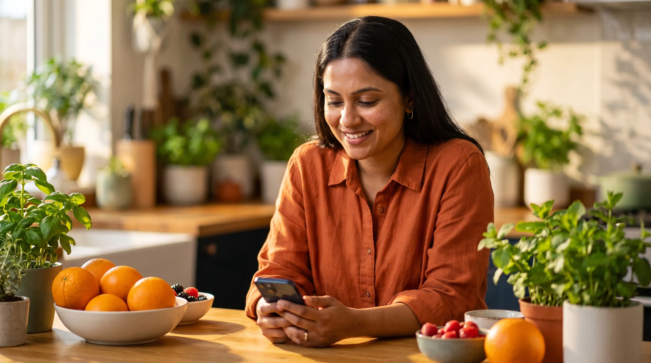 A cheerful woman in her early thirties smiling as she reviews her membership details on a phone at a sunlit kitchen counter with fresh fruit and plants around her.