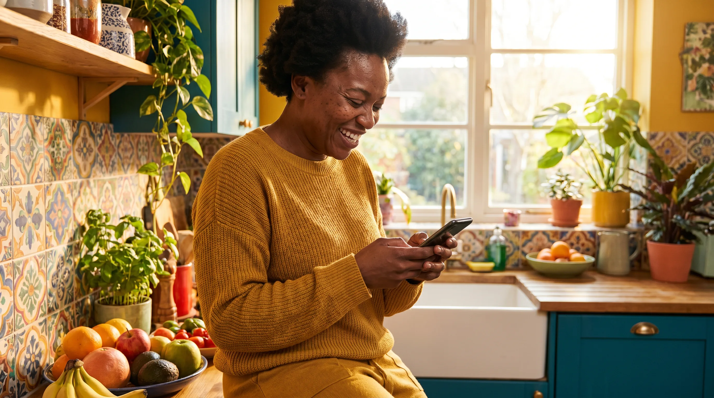 A cheerful woman in her thirties smiling in a bright, colorful sunlit kitchen while reviewing something on her phone, relaxed and healthy.