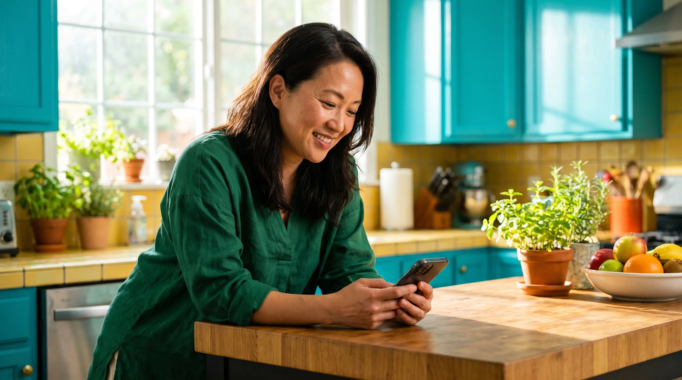 A cheerful woman in her thirties smiling in a bright, colorful sunlit kitchen while reviewing something on her phone, relaxed and healthy.