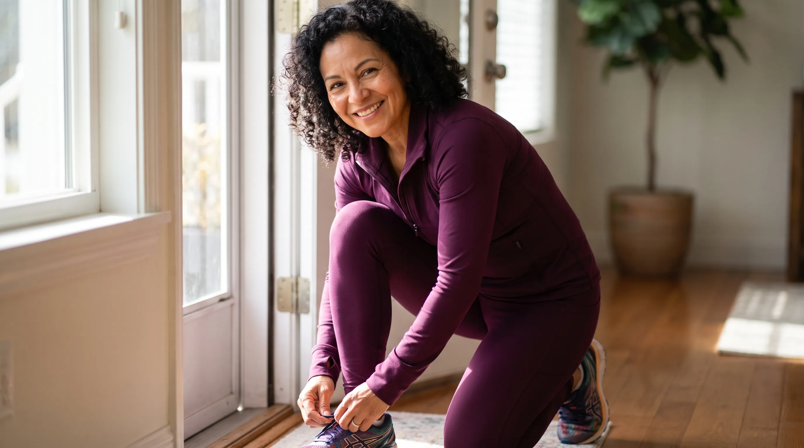 A woman in her forties lacing up her walking shoes by the front door, ready for a brisk morning walk, calm and unhurried