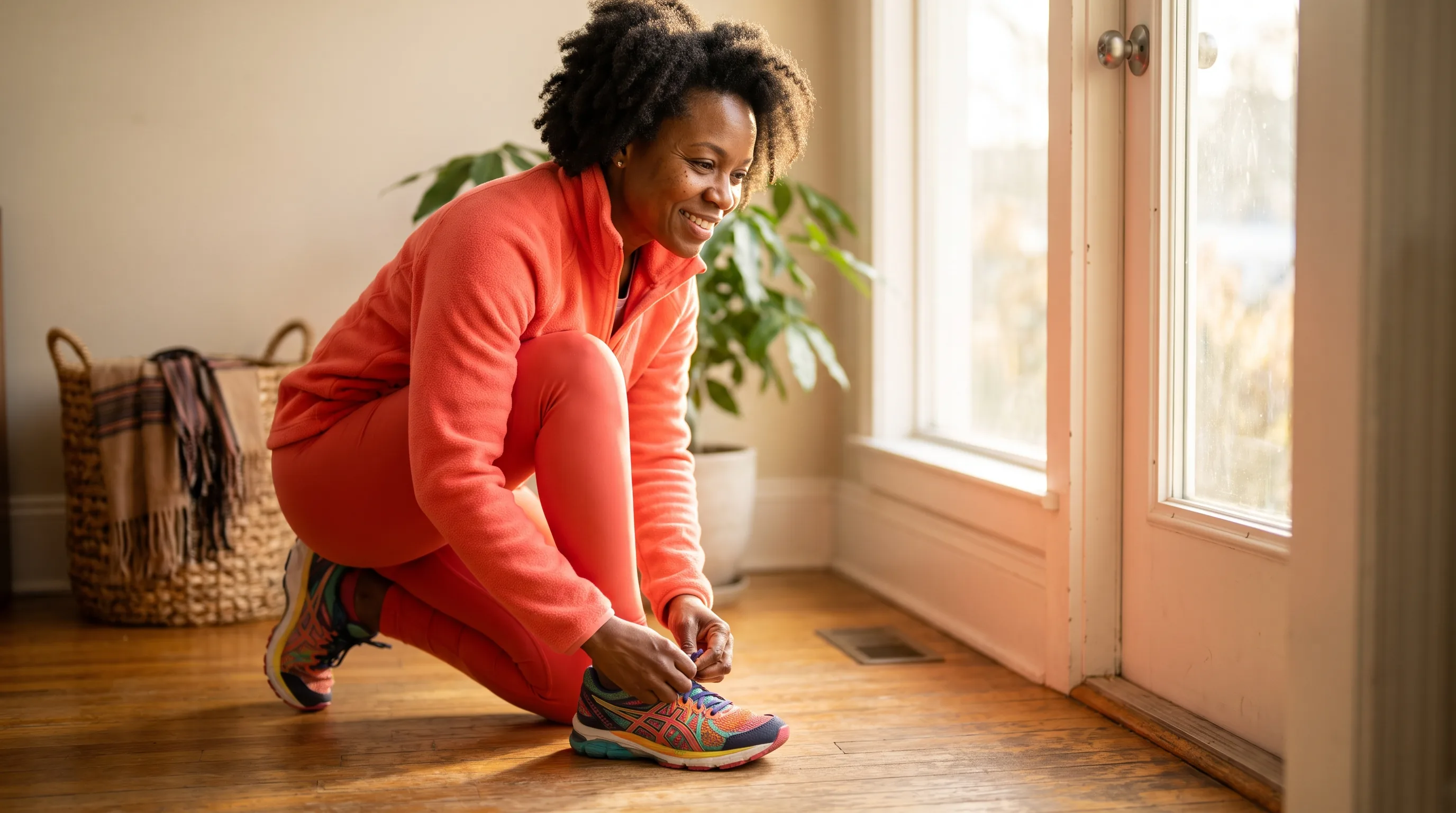 A woman in her forties lacing up her walking shoes by the front door, ready for a brisk morning walk, calm and unhurried